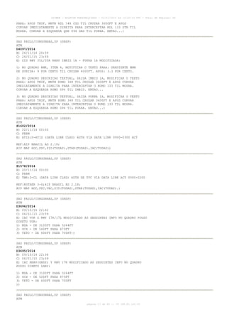 AISWEB - BOLETIM PERSONALIZADO - 01/01/2015 às 13:20:15 UTC - Total de Páginas: 64
página 17 de 64 :: IP 189.62.162.43
PARA: APOS TKOF, MNTN RDL 348 CGO TIL CRUZAR 3600FT E APOS
CURVAR IMEDIATAMENTE A DIREITA PARA INTERCEPTAR RDL 133 STN TIL
MOSRA. CURVAR A ESQUERDA QDR 094 DAD TIL PUKRA. ENTAO...)
SAO PAULO/CONGONHAS,SP (SBSP)
ATM
D4097/2014
B) 26/11/14 20:59
C) 24/01/15 23:59
E) SID RWY 35L/35R RNAV IMBID 1A - PUKRA 1A MODIFICADA:
1) NO QUADRO RMK, ITEM 4, MODIFICAR O TEXTO PARA: GRADIENTE MNM
DE SUBIDA: 9 POR CENTO TIL CRUZAR 4000FT. APOS: 3.3 POR CENTO.
2) NO QUADRO DESCRICAO TEXTUAL, SAIDA IMBID 1A, MODIFICAR O TEXTO
PARA: APOS TKOF, MNTN RUMO 348 TIL CRUZAR 3600FT E APOS CURVAR
IMEDIATAMENTE A DIREITA PARA INTERCEPTAR O RUMO 133 TIL MOSRA.
CURVAR A ESQUERDA RUMO 094 TIL IMBID. ENTAO...
3) NO QUADRO DESCRICAO TEXTUAL, SAIDA PUKRA 1A, MODIFICAR O TEXTO
PARA: APOS TKOF, MNTN RUMO 348 TIL CRUZAR 3600FT E APOS CURVAR
IMEDIATAMENTE A DIREITA PARA INTERCEPTAR O RUMO 133 TIL MOSRA.
CURVAR A ESQUERDA RUMO 094 TIL PUKRA. ENTAO...)
SAO PAULO/CONGONHAS,SP (SBSP)
ATM
Z1602/2014
B) 20/11/14 00:00
C) PERM
E) ATIS:D-ATIS (DATA LINK CLRD) AUTH VIA DATA LINK 0900-0300 ACT
REF:AIP BRASIL AD 2.18;
AIP MAP ADC,PDC,SID(TODAS),STAR(TODAS),IAC(TODAS))
SAO PAULO/CONGONHAS,SP (SBSP)
ATM
Z1578/2014
B) 20/11/14 00:00
C) PERM
E) TWR:D-CL (DATA LINK CLRD) AUTH DE TFC VIA DATA LINK ACT 0900-0200
REF:ROTAER 3-S;AIP BRASIL AD 2.18;
AIP MAP ADC,PDC,VAC,SID(TODAS),STAR(TODAS),IAC(TODAS).)
SAO PAULO/CONGONHAS,SP (SBSP)
ATM
D3696/2014
B) 09/10/14 22:42
C) 06/01/15 23:59
E) IAC VOR Z RWY 17R/17L MODIFICADO AS SEGUINTES INFO NO QUADRO POUSO
DIRETO VOR:
1) MDA - DE 3120FT PARA 3264FT
2) OCH - DE 540FT PARA 675FT
3) TETO - DE 600FT PARA 700FT))
SAO PAULO/CONGONHAS,SP (SBSP)
ATM
D3695/2014
B) 09/10/14 22:38
C) 06/01/15 23:59
E) IAC RNAV(GNSS) Y RWY 17R MODIFICADO AS SEGUINTES INFO NO QUADRO
POUSO DIRETO LNAV:
1) MDA - DE 3100FT PARA 3264FT
2) OCH - DE 520FT PARA 675FT
3) TETO - DE 600FT PARA 700FT
))
SAO PAULO/CONGONHAS,SP (SBSP)
ATM
 