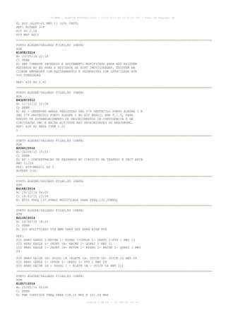 AISWEB - BOLETIM PERSONALIZADO - 01/01/2015 às 13:20:15 UTC - Total de Páginas: 64
página 2 de 64 :: IP 189.62.162.43
E) ALS (ALSF-2) RWY 11 (L5) INSTL
REF: ROTAER 3-P
AIP AD 2.14
AIP MAP ADC)
PORTO ALEGRE/SALGADO FILHO,RS (SBPA)
AGA
E1808/2014
B) 23/05/14 22:18
C) PERM
E) SER COMBATE INCENDIO E SALVAMENTO MOFIFICADO PARA NAO EXISTEM
RECURSOS NO AD PARA A RETIRADA DE ACFT INUTILIZADAS. EXISTEM NA
CIDADE EMPRESAS COM EQUIPAMENTOS E GUINDASTES COM CAPACIDADE ATE
500 TONELADAS
REF: AIP AD 2.6)
PORTO ALEGRE/SALGADO FILHO,RS (SBPA)
AGA
E4329/2012
B) 11/12/12 12:08
C) PERM
E) AD - OBSERVAR AREAS PERIGOSAS SBD 578 OBSTACULO PORTO ALEGRE 1 E
SBD 579 OBSTACULO PORTO ALEGRE 2 NO AIP BRASIL ENR 5.1.5, PARA
EFEITO DE ESTABELECIMENTO DE PROCEDIMENTOS DE CONTIGENCIA E DE
CIRCULACAO VMC A BAIXA ALTITUDE NAS PROXIMIDADES DO AERODROMO.
REF: AIP AD SBPA ITEM 2.22
)
PORTO ALEGRE/SALGADO FILHO,RS (SBPA)
AGA
E2060/2012
B) 26/06/12 17:55
C) PERM
E) AD - CONCENTRACAO DE PASSAROS NO CIRCUITO DE TRAFEGO E SECT APCH
RWY 11/29
REF: AIP-BRASIL AD 2
ROTAER 3-P)
PORTO ALEGRE/SALGADO FILHO,RS (SBPA)
ATM
E4168/2014
B) 19/12/14 06:00
C) 18/03/15 23:59
E) ATIS FREQ 127.85MHZ MODIFICADA PARA FREQ 132.35MHZ)
PORTO ALEGRE/SALGADO FILHO,RS (SBPA)
ATM
E2139/2014
B) 24/06/14 18:20
C) PERM
E) SID MODIFICADO VIS MNM PARA DEP PARA 400M RVR
REF:
SID RNAV GENUS 1-KEVUM 1- KOGBO 1-OPROR 1- ORATO 1-PTS 1 RWY 11
SID RNAV EAGLE 1- JAUNT 1A- NACRE 1- QUARI 1 RWY 11
SID RNAV EAGLE 1- JAUNT 1A- KEVUM 1- KOGBO 1- NACRE 1- QUARI 1 RWY
29
SID RNAV DAISE 1A- DOSUL 1A -ELATE 1A- JUICE 1A- JUICE 1D RWY 29
SID RNAV GENUS 1- OPROR 1- ORATO 1- PTS 1 RWY 29
SID RNAV DAISE 1A - DOSUL 1 - ELATE 1A - JUICE 1A RWY 11)
PORTO ALEGRE/SALGADO FILHO,RS (SBPA)
ATM
E1857/2014
B) 29/05/14 00:00
C) PERM
E) TWR CORRIGIR FREQ PARA 118.10 MHZ E 121.50 MHZ
 