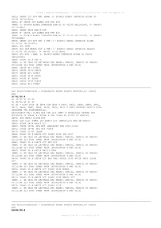 AISWEB - BOLETIM PERSONALIZADO - 01/01/2015 às 13:20:15 UTC - Total de Páginas: 64
página 23 de 64 :: IP 189.62.162.43
SBUL: UKBEV DCT RPR W30 (RMK: 1- ESPACO AEREO INFERIOR ACIMA DO
FL200 INCLUSIVE)
SBUL: W7 OBDOK DCT LOKAR DCT RPR W30
(RMK: 1- ESPACO AEREO INFERIOR ABAIXO DO FL200 EXCLUSIVE, 2- SBR425
UTILIZADA)
SBUR: UKBEV UZ26 KEXIT DCT
SBUR: W7 OBDOK DCT LOKAR DCT RPR W30
(RMK: 1- ESPACO AEREO INFERIOR ABAIXO DO FL200 EXCLUSIVE, 2- SBR425
UTILIZADA)
SBUR: UKBEV DCT RPR W30 ( RMK: 1- ESPACO AEREO INFERIOR ACIMA
DO FL200 INCLUSIVE)
SBRP: RCL UZ25
SBRP: BGC DCT MUKNU DCT ( RMK: 1- ESPACO AEREO INFERIOR ABAIXO
DO FL200 EXCLUSIVE, 2- SBR425 UTILIZADA)
SBRP: RCL W30 ( RMK: 1- ESPACO AEREO INFERIOR ACIMA DO FL200
INCLUSIVE)
SBBH: USAMO UZ14 UTPIN
(RMK: 1- EM CASO DE ATIVACAO DAS AREAS: SBR421, SBR431 OU SBR434
UTILIZAR SID TRNS VUMEV PARA INTERCEPTAR A AWY UZ14)
SBBH: UBRIR W45 OPKES
SBCF: UBRIR UZ23 OPKES
SBCF: UBRIR W45 OPKES
SBGL: VULET UZ42 ESORU
SBGL: VULET W7 ESORU
SBRJ: DORLU UZ37 VUREP
SBRJ: DORLU W53 VUREP
SAO PAULO/GUARULHOS - GOVERNADOR ANDRE FRANCO MONTORO,SP (SBGR)
AGA
Z1752/2014
B) 08/01/15 00:00
C) 04/03/15 23:59
E) AD - ACFT TKOF DE SBGR COM DEST A SBJV, SBCY, SBSR, SBNF, SBFL,
SBCT, SBAR, SBMO, SBRF, SBJP, SBSV, SBIL E SBPS DEVERAO SEGUIR PELA
SEGUINTE RTE PREFERENCIAL:
SBJV:NIBGA UW24 CLARO DCT CTB DCT (RMK: A NAVEGACAO DEVERA SER
AJUSTADA DE FORMA A CRUZAR A PSN CLARO NO FL200 OU ABAIXO)
SBCY: SCB UM782 ILNIM DCT
SBSR: SCB UZ21 MOMVA DCT ENACT DCT (RMK:FL200 MAX EM ENACT)
SBNF: NIBGA UW24 BROCK DCT
SBNF: CURSE UM792 PNG DCT (RMK:EOBT BTN 0030-1040)
SBFL: CURSE UM792 PNG DCT PONCA
SBCT: DORMI UL310 ORANA
SBAR: USAMO UZ14 GAXUB DCT POSMU UZ36 SVD UZ17
(RMK: 1- EM CASO DE ATIVACAO DAS AREAS: SBR421, SBR431 OU SBR434
UTILIZAR SID TRNS VUMEV PARA INTERCEPTAR A AWY UZ14)
SBMO: USAMO UZ14 ELEFA DCT ARU DCT
(RMK: 1- EM CASO DE ATIVACAO DAS AREAS: SBR421, SBR431 OU SBR434
UTILIZAR SID TRNS VUMEV PARA INTERCEPTAR A AWY UZ14)
SBRF: USAMO UZ14 AVILA UW10 ZIPAR
(RMK: 1- EM CASO DE ATIVACAO DAS AREAS: SBR421, SBR431 OU SBR434
UTILIZAR SID TRNS VUMEV PARA INTERCEPTAR A AWY UZ14)
SBJP: USAMO UZ14 SILUB DCT BHZ UW13 MUDOL UZ30 AVILA UW10 ZIPAR
DCT
(RMK: 1- EM CASO DE ATIVACAO DAS AREAS: SBR421, SBR431 OU SBR434
UTILIZAR SID TRNS VUMEV PARA INTERCEPTAR A AWY UZ14)
SBSV: USAMO UZ14 GAXUB DCT POSMU UZ36 MUMAS
(RMK: 1- EM CASO DE ATIVACAO DAS AREAS: SBR421, SBR431 OU SBR434
UTILIZAR SID TRNS VUMEV PARA INTERCEPTAR A AWY UZ14)
SBIL: USAMO UZ14 GAXUB DCT POSMU UZ36 MARSU DCT
(RMK: 1- EM CASO DE ATIVACAO DAS AREAS: SBR421, SBR431 OU SBR434
UTILIZAR SID TRNS VUMEV PARA INTERCEPTAR A AWY UZ14)
SBPS: USAMO UZ14 GAXUB DCT POSMU UZ16
(RMK: 1- EM CASO DE ATIVACAO DAS AREAS: SBR421, SBR431 OU SBR434
UTILIZAR SID TRNS VUMEV PARA INTERCEPTAR A AWY UZ14)
SAO PAULO/GUARULHOS - GOVERNADOR ANDRE FRANCO MONTORO,SP (SBGR)
AGA
D4224/2014
 