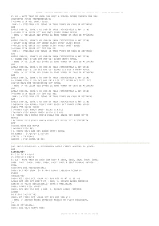 AISWEB - BOLETIM PERSONALIZADO - 01/01/2015 às 13:20:15 UTC - Total de Páginas: 64
página 26 de 64 :: IP 189.62.162.43
E) AD - ACFT TKOF DE SBGR COM DEST A EUROPA DEVEM CUMPRIR UMA DAS
SEGUINTES ROTAS PREFERENCIAIS:
1-USAMO UZ14 NTL UN873 TASIL
(RMK: 1- UTILIZAR SID IVRAG 1A TRNS VUMEV EM CASO DE ATIVACAO
DAS
AREAS SBR421, SBR431 OU SBR434 PARA INTERCEPTAR A AWY UZ14)
2-USAMO UZ14 SILUB DCT BHZ UW13 QUARU UN866 DEKON
( RMK: 1- UTILIZAR SID IVRAG 1A TRNS VUMEV EM CASO DE ATIVACAO
DAS
AREAS SBR421, SBR431 OU SBR434 PARA INTERCEPTAR A AWY UZ14)
3-VULET UZ42 EPGIP DCT UBNEK UL340 VUPIP UL206 KODOS
4-VULET UZ42 EPGIP DCT UBNEK UL340 VUPIP UN857 ERETU
5-USAMO UZ14 SILUB DCT CNF UZ4 SLI
(RMK: 1- UTILIZAR SID IVRAG 1A TRNS VUMEV EM CASO DE ATIVACAO
DAS
AREAS SBR421, SBR431 OU SBR434 PARA INTERCEPTAR A AWY UZ14)
6- USAMO UZ14 SILUB DCT CNF UZ4 ISIXU UM799 MOVGA
( RMK: 1- UTILIZAR SID IVRAG 1A TRNS VUMEV EM CASO DE ATIVACAO
DAS
AREAS SBR421, SBR431 OU SBR434 PARA INTERCEPTAR A AWY UZ14)
7- USAMO UZ14 SILUB DCT CNF UZ4 BARKA UZ5 EGBIR UM799 MOVGA
( RMK: 1- UTILIZAR SID IVRAG 1A TRNS VUMEV EM CASO DE ATIVACAO
DAS
AREAS SBR421, SBR431 OU SBR434 PARA INTERCEPTAR A AWY UZ14)
8- USAMO UZ14 SILUB DCT BHZ UW13 PTL DCT UKLEM DCT GUTOI DCT
0217S03922W DCT 0000N03900W DCT MOVGA
( RMK: 1- UTILIZAR SID IVRAG 1A TRNS VUMEV EM CASO DE ATIVACAO
DAS
AREAS SBR421, SBR431 OU SBR434 PARA INTERCEPTAR A AWY UZ14)
9-USAMO UZ14 SILUB DCT CNF UZ3 BEL
(RMK: 1- UTILIZAR SID IVRAG 1A TRNS VUMEV EM CASO DE ATIVACAO
DAS
AREAS SBR421, SBR431 OU SBR434 PARA INTERCEPTAR A AWY UZ14)
10-EUROPA VIA AORRA: VULET UZ42 EPGIP DCT UBNEK UL340 VUPIP
UL206 VTR UL330 POLVO
11-UKBEV UZ26 KOMLU UM654 PACAS UZ4 SLI
12-UKBEV UZ26 KOMLU UM654 HATCH UZ3 BEL
13- UKBEV UZ26 KOMLU UM654 PACAS UZ4 BARKA UZ5 EGBIR UM799
MOVGA
14- UKBEV UZ26 KOMLU UM654 PUREU DCT GUTOI DCT 0217S03922W
DCT
0000N03900W DCT MOVGA
15-UKBEV UZ26 BEL
16- UKBEV UZ26 BSI UZ5 EGBIR UM799 MOVGA
DT EXPED : 14/10/14 23:38:00
STATUS : IN FORCE
ORIGEM : Z1116/CGN/141014
SAO PAULO/GUARULHOS - GOVERNADOR ANDRE FRANCO MONTORO,SP (SBGR)
AGA
Z1385/2014
B) 16/10/14 00:00
C) 07/01/15 23:59
E) AD - ACFT TKOF DE SBGR COM DEST A SBBR, SBGO, SBCN, SBVT, SBFZ,
SBBE, SBUL, SBUR, SBRP, SBBH, SBCF, SBGL E SBRJ DEVERAO SEGUIR
PELA
SEGUINTE RTE PREFERENCIAL:
SBBR: RCL W30 (RMK: 1- ESPACO AEREO INFERIOR ACIMA DO
FL200
INCLUSIVE)
SBBR: W7 ISIBI DCT LOKAR DCT RPR W30 OU W7 ISIBI DCT
LOKAR DCT RPR DCT KEXIT Z7 ( RMK: 1- ESPACO AEREO INFERIOR
ABAIXO DO FL200 EXCLUSIVE,2- SBR425 UTILIZADA)
SBBR: UKBEV UZ26 VUKEP
SBGO: RCL W30 ULD W11 ( RMK: 1- ESPACO AEREO INFERIOR
ACIMA
DO FL200 INCLUSIVE)
SBGO: W7 ISIBI DCT LOKAR DCT RPR W30 ULD W11
( RMK: 1- ESPACO AEREO INFERIOR ABAIXO DO FL200 EXCLUSIVE,
2-
SBR425 UTILIZADA)
SBGO: RCL UZ25 CORVO UZ46
 