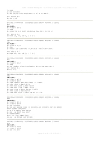 AISWEB - BOLETIM PERSONALIZADO - 01/01/2015 às 13:20:15 UTC - Total de Páginas: 64
página 29 de 64 :: IP 189.62.162.43
C) PERM
D) MON 0300/0800
E) RWY 09R/27L CLSD DEVIDO MEDICAO FCT E SER MAINT
REF: ROTAER 3-S
AIP AD 2.12)
SAO PAULO/GUARULHOS - GOVERNADOR ANDRE FRANCO MONTORO,SP (SBGR)
AGA
D1168/2014
B) 05/04/14 00:10
C) PERM
E) PATIO VIP NR 6 IDENT MODIFICADA PARA PATIO VIP NR 12
REF: AIP AD 2.8
AIP MAP ADC, PDC, GMC 1, 2, 3 E 4)
SAO PAULO/GUARULHOS - GOVERNADOR ANDRE FRANCO MONTORO,SP (SBGR)
AGA
D1165/2014
B) 04/04/14 21:45
C) PERM
E) PATIO K (6) ASPH/CONC 100/F/B/W/T E 85/R/B/W/T INSTL
REF: AIP AD 2.8
AIP MAP ADC, PDC, GMC 1, 2, 3 E 4)
SAO PAULO/GUARULHOS - GOVERNADOR ANDRE FRANCO MONTORO,SP (SBGR)
AGA
D3722/2013
B) 05/12/13 20:27
C) PERM
E) SER COMBATE INCENDIO/SALVAMENTO MODIFICADO PARA CAT 10
REF: ROTAER 3-S
AIP AD 2.6)
SAO PAULO/GUARULHOS - GOVERNADOR ANDRE FRANCO MONTORO,SP (SBGR)
ATM
D4533/2014
B) 23/12/14 17:56
C) 21/02/15 23:59
E) STAR CORRIGIR FREQ ATIS PARA 127.750MHZ:
1) STAR ILSOR 1B RWY 27L/27R
2) STAR RNAV ILSOR 1A RWY 09L/09R
3) STAR RNAV ILSOR 1A RWY 27L/27R
4) STAR EVSOV 1B IBDIK 1B RWY 27L/27R
5) STAR ILSOR 1B RWY 09L/09R
6) STAR RNAV EVSOV 1A IBDIK 1A RWY 27L/27R)
SAO PAULO/GUARULHOS - GOVERNADOR ANDRE FRANCO MONTORO,SP (SBGR)
ATM
D4496/2014
B) 18/12/14 22:48
C) 15/02/15 20:00
D) DLY 1000-2000
E) IAC RNAV (GNSS) Y RWY 09R MODIFICAR AS SEGUINTES INFO NO QUADRO
POUSO DIRETO LNAV/VNAV:
1) DA - DE 2888FT PARA 2926FT
2) OCH - DE 440FT PARA 480FT
3) VISIBILIDADE:
ALS - DE 1300FT PARA 1500FT
NO ALS - DE 2000FT PARA 2200FT)
SAO PAULO/GUARULHOS - GOVERNADOR ANDRE FRANCO MONTORO,SP (SBGR)
ATM
D4449/2014
B) 16/12/14 10:00
C) 12/02/15 20:00
D) DLY 1000-2000
 