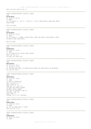 AISWEB - BOLETIM PERSONALIZADO - 01/01/2015 às 13:20:15 UTC - Total de Páginas: 64
página 3 de 64 :: IP 189.62.162.43
REF: AIP MAP (ADC E PDC 1))
PORTO ALEGRE/SALGADO FILHO,RS (SBPA)
ATM
E1731/2014
B) 29/05/14 00:00
C) PERM
E) SID ELATE 1C - FB 1C - JUICE 1C - TOR 1C MODIFICADO IDENT REP MOVSO
PARA AKPAR
REF: AIP MAP)
PORTO ALEGRE/SALGADO FILHO,RS (SBPA)
ATM
E1730/2014
B) 29/05/14 00:00
C) PERM
E) SID PORVU 1 - SAPMA 1 MODIFICADO IDENT REP MOVSO PARA AKPAR E TRNS
PA-NOVO2 PARA TRNS MOPTO
REF AIP MAP)
PORTO ALEGRE/SALGADO FILHO,RS (SBPA)
ATM
E3466/2013
B) 28/09/13 10:09
C) PERM
E) TA CORRIGIR DE 3000FT PARA 4000FT
REF: AIP AD 2.17
AIP MAP IAC STAR SID)
PORTO ALEGRE/SALGADO FILHO,RS (SBPA)
CNS
E4116/2014
B) 16/12/14 18:07
C) 28/02/15 23:59
E) VOR/DME POR FREQ 114.00MHZ/CH87X PONTO DE VERIFICACAO DE RECEPTOR
NO SOLO NO AVBL)
PORTO ALEGRE/SALGADO FILHO,RS (SBPA)
CNS
E2378/2014
B) 11/07/14 16:08
C) PERM
E) NDB IP 345KHZ CNL
REF: AIP ENR 4.1-5
ENR 6 ENRC H1 L1
SBPA AD 2.17, AD 2.19
AIP MAP ARC PORTO ALEGRE
ATCSMAC PORTO ALEGRE
IAC VOR OU VOR/DME Y RWY 29
VOR/DME Z RWY 29
NDB Z RWY 11
ROTAER 3-P E 5-42 (GUAIBA))
PORTO ALEGRE/SALGADO FILHO,RS (SBPA)
CNS
E1811/2014
B) 28/05/14 00:00
C) PERM
E) ILS IM 75MHZ RWY 11 INSTL
REF: AIP AD 2.19)
PORTO ALEGRE/SALGADO FILHO,RS (SBPA)
CNS
E1809/2014
B) 28/05/14 00:00
C) PERM
 