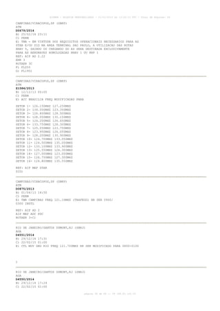 AISWEB - BOLETIM PERSONALIZADO - 01/01/2015 às 13:20:15 UTC - Total de Páginas: 64
página 38 de 64 :: IP 189.62.162.43
CAMPINAS/VIRACOPOS,SP (SBKP)
ATM
D0679/2014
B) 25/02/14 23:11
C) PERM
E) TMA - EM VIRTUDE DOS REQUISITOS OPERACIONAIS NECESSARIOS PARA AS
STAR E/OU SID NA AREA TERMINAL SAO PAULO, A UTILIZACAO DAS ROTAS
RNAV 5, SAINDO OU CHEGANDO DO AD SERA DESTINADA EXCLUSIVAMENTE
PARA AS AERONAVES HOMOLOGADAS RNAV 1 OU RNP 1
REF: AIP AD 2.22
ENR 3
ROTAER 3C
F) FL055
G) FL195)
CAMPINAS/VIRACOPOS,SP (SBKP)
ATM
Z1584/2013
B) 12/12/13 00:00
C) PERM
E) ACC BRASILIA FREQ MODIFICADAS PARA
SETOR 1- 126.150MHZ 127.250MHZ
SETOR 2- 134.000MHZ 123.350MHZ
SETOR 3- 126.800MHZ 128.500MHZ
SETOR 4- 128.050MHZ 135.150MHZ
SETOR 5- 124.200MHZ 126.450MHZ
SETOR 6- 133.750MHZ 128.300MHZ
SETOR 7- 125.050MHZ 123.750MHZ
SETOR 8- 123.950MHZ 126.050MHZ
SETOR 9- 128.200MHZ 135.900MHZ
SETOR 10- 124.700MHZ 133.050MHZ
SETOR 11- 124.500MHZ 135.000MHZ
SETOR 12- 133.100MHZ 133.900MHZ
SETOR 13- 125.550MHZ 124.300MHZ
SETOR 14- 127.000MHZ 123.000MHZ
SETOR 15- 126.750MHZ 127.300MHZ
SETOR 16- 124.800MHZ 135.550MHZ
REF: AIP MAP STAR
SID)
CAMPINAS/VIRACOPOS,SP (SBKP)
ATM
D0875/2013
B) 01/04/13 14:50
C) PERM
E) TWR CAMPINAS FREQ 121.10MHZ (TRAFEGO) HR SER 0900/
0300 INSTL
REF: AIP AD 2
AIP MAP ADC PDC
ROTAER 3-C)
RIO DE JANEIRO/SANTOS DUMONT,RJ (SBRJ)
AGA
D4551/2014
B) 29/12/14 17:31
C) 22/02/15 01:00
E) CTL MOV GND RIO FREQ 121.700MHZ HR SER MODIFICADO PARA 0800-0100
)
RIO DE JANEIRO/SANTOS DUMONT,RJ (SBRJ)
AGA
D4550/2014
B) 29/12/14 17:29
C) 22/02/15 01:00
 