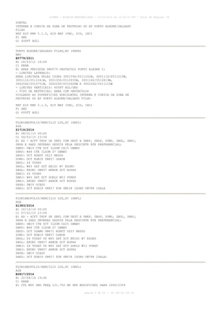 AISWEB - BOLETIM PERSONALIZADO - 01/01/2015 às 13:20:15 UTC - Total de Páginas: 64
página 5 de 64 :: IP 189.62.162.43
ZONTAL
INTERNA E CONICA DA ZONA DE PROTECAO DO AP PORTO ALEGRE/SALGADO
FILHO
REF AIP ENR 5.1.5, AIP MAP (VAC, SID, IAC)
F) GND
G) 400FT AGL)
PORTO ALEGRE/SALGADO FILHO,RS (SBPA)
NAV
E0779/2011
B) 18/03/11 16:04
C) PERM
E) AREA PERIGOSA SBD579 OBSTACULO PORTO ALEGRE 2:
- LIMITES LATERAIS:
AREA LIMITADA PELAS COORD 300159S/0511241W, 300111S/0511215W,
300111S/0511041W, 300135S/0510935W, 300116S/0510819W,
300204S/0510751W, 300229S/0510928W E 300226S/0511110W
- LIMITES VERTICAIS: 600FT AGL/GND
- TIPO DE RESTRICAO: AREA COM OBSTACULOS
VIOLANDO AS SUPERFICIES HORIZONTAL INTERNA E CONICA DA ZONA DE
PROTECAO DO AP PORTO ALEGRE/SALGADO FILHO
REF AIP ENR 5.1.5, AIP MAP (VAC, SID, IAC)
F) GND
G) 600FT AGL)
FLORIANOPOLIS/HERCILIO LUZ,SC (SBFL)
AGA
Z1719/2014
B) 08/01/15 00:00
C) 04/03/15 23:59
E) AD - ACFT TKOF DE SBFL COM DEST A SBKP, SBSP, SUMU, SBGL, SBRJ,
SBPA E SAEZ DEVERAO SEGUIR PELA SEGUINTE RTE PREFERENCIAL:
SBKP: UW19 CTB DCT ILSUM UZ25 OBMAV
SBKP: W48 CTB ILSUM Z7 OBMAV
SBSP: DCT RONUT UZ23 NEGUS
SUMU: DCT EGBIP UN857 OGRUN
SBGL: Z4 VUDAV
SBGL: W45 SAT DCT EKIDI W7 ESORU
SBGL: EKUBI UN857 AKNUB DCT ROPAS
SBRJ: Z4 VUDAV
SBRJ: W45 SAT DCT DORLU W53 VUREP
SBRJ: EKUBI UN857 AKNUB DCT ROPAS
SBPA: UW19 OCASO
SAEZ: DCT EGBIP UN857 POR UM534 ISOBU UM788 ISALA
FLORIANOPOLIS/HERCILIO LUZ,SC (SBFL)
AGA
Z1383/2014
B) 16/10/14 00:00
C) 07/01/15 23:59
E) AD - ACFT TKOF DE SBFL COM DEST A SBKP, SBSP, SUMU, SBGL, SBRJ,
SBPA E SAEZ DEVERAO SEGUIR PELA SEGUINTE RTE PREFERENCIAL:
SBKP: UW19 CTB DCT ILSUM UZ25 OBMAV
SBKP: W48 CTB ILSUM Z7 OBMAV
SBSP: DCT OSAMU UM671 RONUT UZ23 NEGUS
SUMU: DCT EGBIP UN857 OGRUN
SBGL: Z4 VUDAV OU W45 SAT DCT EKIDI W7 ESORU
SBGL: EKUBI UN857 AKNUB DCT ROPAS
SBRJ: Z4 VUDAV OU W45 SAT DCT DORLU W53 VUREP
SBRJ: EKUBI UN857 AKNUB DCT ROPAS
SBPA: UW19 OCASO
SAEZ: DCT EGBIP UN857 POR UM534 ISOBU UM788 ISALA)
FLORIANOPOLIS/HERCILIO LUZ,SC (SBFL)
AGA
E2817/2014
B) 22/08/14 19:40
C) PERM
E) CTL MOV GND FREQ 121.700 HR SER MODIFICADO PARA 1000/2359
 