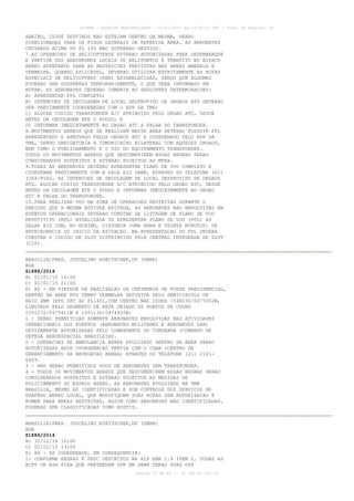 AISWEB - BOLETIM PERSONALIZADO - 01/01/2015 às 13:20:15 UTC - Total de Páginas: 64
página 57 de 64 :: IP 189.62.162.43
ABAIXO, CUJOS DESTINOS NAO ESTEJAM DENTRO DA MESMA, SERAO
DIRECIONADAS PARA OS FIXOS LATERAIS DA REFERIDA AREA. AS AERONAVES
CRUZANDO ACIMA DO FL 145 NAO SOFRERAO DESVIOS.
7.AS OPERACOES DE HELICOPTEROS ESTARAO AUTORIZADAS PARA DESEMBARQUE
E PARTIDA DOS AERODROMOS LOCAIS OU HELIPONTOS E TRANSITO NO ESPACO
AEREO ATENTANDO PARA AS RESTRICOES PREVISTAS NAS AREAS AMARELA E
VERMELHA. QUANDO APLICAVEL, DEVERAO UTILIZAR ESTRITAMENTE AS ROTAS
ESPECIAIS DE HELICOPTERO (REH) ESTABELECIDAS, SENDO QUE ALGUMAS
PODERAO SER SUSPENSAS TEMPORARIAMENTE, O QUE SERA INFORMADO EM
NOTAM. AS AERONAVES DEVERAO CUMPRIR AS SEGUINTES DETERMINACOES:
A) APRESENTAR FPL COMPLETO;
B) INTENCOES DE DECOLAGEM DE LOCAL DESPROVIDO DE ORGAOS ATS DEVERAO
SER PREVIAMENTE COORDENADAS COM O APP DA TMA;
C) ALOCAR CODIGO TRANSPONDER A/C ATRIBUIDO PELO ORGAO ATC, DESDE
ANTES DA DECOLAGEM ATE O POUSO; E
D) INFORMAR IMEDIATAMENTE AO ORGAO ATC A FALHA DO TRANSPONDER.
8.MOVIMENTOS AEREOS QUE SE REALIZEM NESTA AREA DEVERAO POSSUIR FPL
APRESENTADO E APROVADO PELOS ORGAOS ATC E COORDENADO PELO APP DA
TMA, SENDO OBRIGATORIA A COMUNICACAO BILATERAL COM AQUELES ORGAOS,
BEM COMO O FUNCIONAMENTO E O USO DO EQUIPAMENTO TRANSPONDER.
TODOS OS MOVIMENTOS AEREOS QUE DESCUMPRIREM ESSAS REGRAS SERAO
CONSIDERADOS SUSPEITOS E ESTARAO SUJEITOS AS MPEA.
9.TODAS AS AERONAVES DEVERAO APRESENTAR PLANO DE VOO COMPLETO E
COORDENAR PREVIAMENTE COM A SALA AIS SBBR, ATRAVES DO TELEFONE (61)
3364-8550, AS INTENCOES DE DECOLAGEM DE LOCAL DESPROVIDO DE ORGAOS
ATS, ALOCAR CODIGO TRANSPONDER A/C ATRIBUIDO PELO ORGAO ATC, DESDE
ANTES DA DECOLAGEM ATE O POUSO E INFORMAR IMEDIATAMENTE AO ORGAO
ATC A FALHA DO TRANSPONDER.
10.PARA REALIZAR VOO NA ZONA DE OPERACOES RESTRITAS DURANTE O
PERIODO QUE A MESMA ESTIVER ATIVADA, AS AERONAVES NAO ENVOLVIDAS EM
EVENTOS OPERACIONAIS DEVERAO CONSTAR DA LISTAGEM DE PLANO DE VOO
REPETITIVO (RPL) ATUALIZADA OU APRESENTAR PLANO DE VOO (FPL) AS
SALAS AIS COM, NO MINIMO, 01H30MIN (UMA HORA E TRINTA MINUTOS) DE
ANTECEDENCIA DO INICIO DA ATIVACAO. NA APRESENTACAO DO FPL DEVERA
CONSTAR O CODIGO DE SLOT DISTRIBUIDO PELA CENTRAL INTEGRADA DE SLOT
(CIS).
BRASILIA/PRES. JUSCELINO KUBITSCHEK,DF (SBBR)
AGA
Z1888/2014
B) 01/01/15 16:00
C) 01/01/15 21:00
E) AD - EM VIRTUDE DA REALIZACAO DA CERIMONIA DE POSSE PRESIDENCIAL,
DENTRO DA AREA RTO TEMPO VERMELHA DEFINIDA PELO SEMICIRCULO DE
RAIO 4NM (RTO SFC AO FL145),COM CENTRO NAS COORD 154803S/0475202W,
LIMITADO PELO SEGMENTO DE RETA UNINDO OS PONTOS DE COORD
155127S/0475411W E 155113S/0474932W:
1 - SERAO PERMITIDAS SOMENTE AERONAVES ENVOLVIDAS NAS ATIVIDADES
OPERACIONAIS DOS EVENTOS (AERONAVES MILITARES E AERONAVES SAR)
DEVIDAMENTE AUTORIZADAS PELO COMANDANTE DO COMDABRA (COMANDO DE
DEFESA AEROESPACIAL BRASILEIRO.
2 - OPERACOES DE AMBULANCIA AEREA EVOLUINDO DENTRO DA AREA SERAO
AUTORIZADAS APOS COORDENACAO PREVIA COM O CGNA (CENTRO DE
GERENCIAMENTO DA NAVEGACAO AEREA) ATRAVES DO TELEFONE (21) 2101-
6409.
3 - NAO SERAO PERMITIDOS VOOS DE AERONAVES SEM TRANSPONDER.
4 - TODOS OS MOVIMENTOS AEREOS QUE DESCUMPRIREM ESSAS REGRAS SERAO
CONSIDERADOS SUSPEITOS E ESTARAO SUJEITOS AS MEDIDAS DE
POLICIAMENTO DO ESPACO AEREO. AS AERONAVES EVOLUINDO NA TMA
BRASILIA, MESMO AS IDENTIFICADAS E SOB CONTROLE DOS SERVICOS DE
TRAFEGO AEREO LOCAL, QUE MODIFIQUEM SUAS ROTAS SEM AUTORIZACAO E
RUMEM PARA AREAS RESTRITAS, ASSIM COMO AERONAVES NAO IDENTIFICADAS,
PODERAO SER CLASSIFICADAS COMO HOSTIS.
BRASILIA/PRES. JUSCELINO KUBITSCHEK,DF (SBBR)
AGA
Z1886/2014
B) 31/12/14 10:00
C) 02/01/15 13:00
E) AD - AP COORDENADO, EM CONSEQUENCIA:
1) CONFORME REGRAS E PROC DESCRITOS NA AIP ENR 1.9 ITEM 2, TODAS AS
ACFT DE ASA FIXA QUE PRETENDAM OPR EM SBBR TERAO SUAS OPS
 