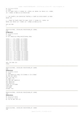 AISWEB - BOLETIM PERSONALIZADO - 01/01/2015 às 13:20:15 UTC - Total de Páginas: 64
página 62 de 64 :: IP 189.62.162.43
B) 16/10/14 00:00
C) PERM
E) SID RNAV ISOPI 1- KODNA 1A - KUKOL 1B- MAVNI 1B- MUGIS 1B - NIMKI
1B - OPRAX 1B RWY11L/11R MODIFICAR
1 - NA PLANTA E NA DESCRICAO TEXTUAL A IDENT DA SAIDA MAVNI 1B PARA
MAVNI 2B
2 - IDENT DA CARTA PARA SID RNAV ISOPI 1- KODNA 1A - KUKOL 1B-
MAVNI 2B- MUGIS 1B - NIMKI 1B - OPRAX 1B RWY11L/11R
REF AIP MAP
)
BRASILIA/PRES. JUSCELINO KUBITSCHEK,DF (SBBR)
ATM
Z1588/2013
B) 12/12/13 00:00
C) PERM
E) ACC BRASILIA FREQ MODIFICADAS PARA
SETOR 1 - 126.150MHZ 127.250MHZ
SETOR 2 - 134.000MHZ 123.350MHZ
SETOR 3 - 126.800MHZ 128.500MHZ
SETOR 4 - 128.050MHZ 135.150MHZ
SETOR 5 - 124.200MHZ 126.450MHZ
SETOR 6 - 133.750MHZ 128.300MHZ
SETOR 7 - 125.050MHZ 123.750MHZ
SETOR 8 - 123.950MHZ 126.050MHZ
SETOR 9 - 128.200MHZ 135.900MHZ
SETOR 10 - 124.700MHZ 133.050MHZ
SETOR 11 - 124.500MHZ 135.000MHZ
SETOR 12 - 133.100MHZ 133.900MHZ
SETOR 13 - 125.550MHZ 124.300MHZ
SETOR 14 - 127.000MHZ 123.000MHZ
SETOR 15 - 126.750MHZ 127.300MHZ
SETOR 16 - 124.800MHZ 135.550MHZ
REF: AIP MAP SID
STAR)
BRASILIA/PRES. JUSCELINO KUBITSCHEK,DF (SBBR)
ATM
F2839/2012
B) 27/09/12 00:00
C) PERM
E) APP-BRASILIA FREQ 120.650MHZ E 129.150MHZ
HR SER H24 INSTL
REF: AIP ENR 2-1
AD SBBR 2.18
AIP MAP ARC ANAPOLIS
ARC BRASILIA
VAC BRASILIA
TODAS AS SID-SBBR
STAR-SBBR
IAC-SBBR
ROTAER 3-B)
BRASILIA/PRES. JUSCELINO KUBITSCHEK,DF (SBBR)
CNS
F4205/2014
B) 22/12/14 18:41
C) 30/01/15 19:00
E) ILS GP RWY 29R U/S
BRASILIA/PRES. JUSCELINO KUBITSCHEK,DF (SBBR)
CNS
 