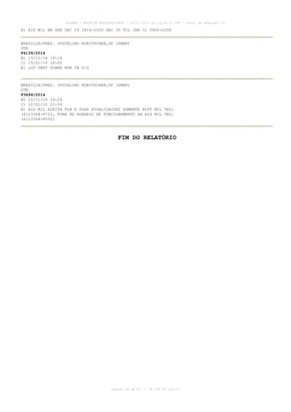 AISWEB - BOLETIM PERSONALIZADO - 01/01/2015 às 13:20:15 UTC - Total de Páginas: 64
página 64 de 64 :: IP 189.62.162.43
E) AIS MIL HR SER DEC 29 1816-2200 DEC 30 TIL JAN 31 0800-2200
BRASILIA/PRES. JUSCELINO KUBITSCHEK,DF (SBBR)
OTR
F4139/2014
B) 15/12/14 19:14
C) 15/01/15 18:00
E) LGT OBST SOBRE NDB IR U/S
BRASILIA/PRES. JUSCELINO KUBITSCHEK,DF (SBBR)
OTR
F3694/2014
B) 12/11/14 18:29
C) 12/01/15 23:59
E) AIS MIL ACEITA PLN E SUAS ATUALIZACOES SOMENTE ACFT MIL TEL:
(61)3364-8722, FORA DO HORARIO DE FUNCIONAMENTO DA AIS MIL TEL:
(61)3364-8550)
FIM DO RELATÓRIO
 