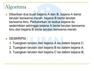 Algoritma
 Diberikan dua buah bejana A dan B, bejana A berisi
larutan berwarna merah, bejana B berisi larutan
berwarna biru. Pertukarkan isi kedua bejana itu
sedemikian sehingga bejana A berisi larutan berwarna
biru dan bejana B berisi larutan berwarna merah.
 DESKRIPSI :
1. Tuangkan larutan dari bejana A ke dalam bejana C.
2. Tuangkan larutan dari bejana B ke dalam bejana A.
3. Tuangkan larutan dari bejana C ke dalam bejana B.
 