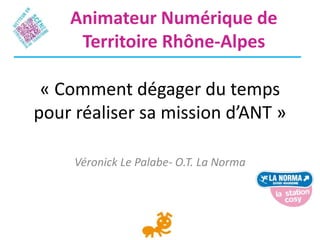 « Comment dégager du temps
pour réaliser sa mission d’ANT »
Véronick Le Palabe- O.T. La Norma
Animateur Numérique de
Territoire Rhône-Alpes
 