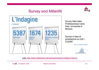 Survey soci MilanIN

                                                                Survey fatta dalla
                                                                Professoressa Ivana
                                                                Pais, Università di
                                                                Brescia.


                                                                Survey in fase di
                                                                ampliazione su tutti i
                                                                ClubIN!!




            Link: http://www.slideshare.net/ivana.pais/report-indagine-milan-in

Club   27 febbraio 2009              Massimo Brembilla                                   14
 