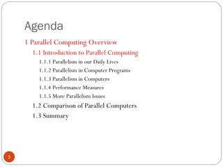 Agenda
1 Parallel Computing Overview
1.1 Introduction to Parallel Computing
1.1.1 Parallelism in our Daily Lives
1.1.2 Parallelism in Computer Programs
1.1.3 Parallelism in Computers
1.1.4 Performance Measures
1.1.5 More Parallelism Issues
1.2 Comparison of Parallel Computers
1.3 Summary
3
 