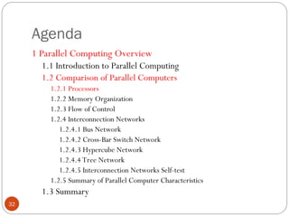 Agenda
1 Parallel Computing Overview
1.1 Introduction to Parallel Computing
1.2 Comparison of Parallel Computers
1.2.1 Processors
1.2.2 Memory Organization
1.2.3 Flow of Control
1.2.4 Interconnection Networks
1.2.4.1 Bus Network
1.2.4.2 Cross-Bar Switch Network
1.2.4.3 Hypercube Network
1.2.4.4 Tree Network
1.2.4.5 Interconnection Networks Self-test
1.2.5 Summary of Parallel Computer Characteristics
1.3 Summary
32
 