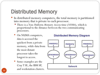 Distributed Memory
 In distributed memory computers, the total memory is partitioned
into memory that is private to each processor.
 There is a Non-Uniform Memory Access time (NUMA), which is
proportional to the distance between the two communicating
processors.
 On NUMA computers,
data is accessed the
quickest from a private
memory, while data from
the most distant
processor takes the
longest to access.
 Some examples are the
Cray T3E, the IBM SP,
and workstation clusters.
39
 