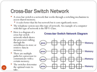 Cross-Bar Switch Network
 A cross-bar switch is a network that works through a switching mechanism to
access shared memory.
 it scales better than the bus network but it costs significantly more.
 The telephone system uses this type of network. An example of a computer
with this type of network is the HP V-Class.
 Here is a diagram of a
cross-bar switch
network which shows
the processors talking
through the
switchboxes to store or
retrieve data in
memory.
 There are multiple
paths for a processor to
communicate with a
certain memory.
 The switches determine
the optimal route to
take.
56
 