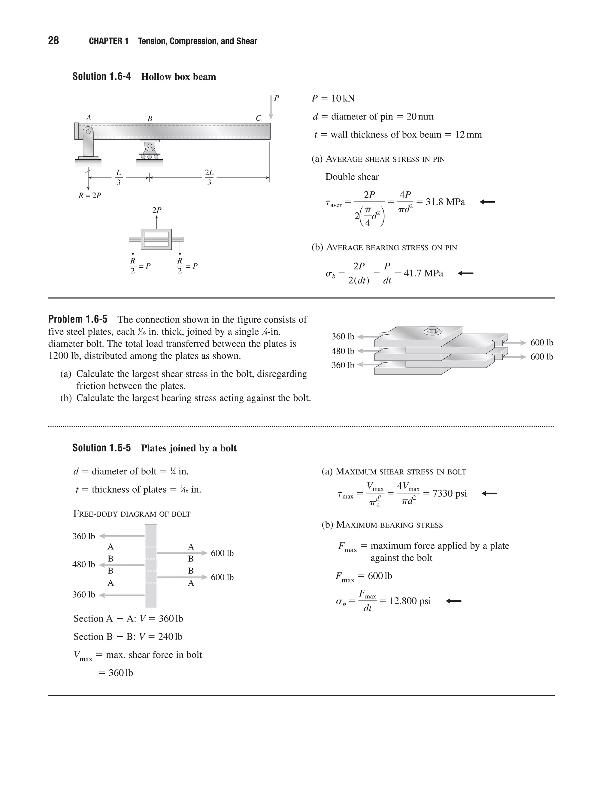 Solution 1.6-4 Hollow box beam
28 CHAPTER 1 Tension, Compression, and Shear
P ϭ 10kN
d ϭ diameter of pin ϭ 20mm
t ϭ wall thickness of box beam ϭ 12mm
(a) AVERAGE SHEAR STRESS IN PIN
Double shear
(b) AVERAGE BEARING STRESS ON PIN
sb ϭ
2P
2(dt)
ϭ
P
dt
ϭ 41.7 MPa
taver ϭ
2P
2¢
␲
4
d2
≤
ϭ
4P
␲d2 ϭ 31.8 MPa
— —
P
CA B
2L
3
L
3
2P
R = 2P
R
2
= P
R
2
= P
Problem 1.6-5 The connection shown in the figure consists of
five steel plates, each 3
⁄16 in. thick, joined by a single 1
⁄4-in.
diameter bolt. The total load transferred between the plates is
1200 lb, distributed among the plates as shown.
(a) Calculate the largest shear stress in the bolt, disregarding
friction between the plates.
(b) Calculate the largest bearing stress acting against the bolt.
360 lb
480 lb
360 lb
600 lb
600 lb
Solution 1.6-5 Plates joined by a bolt
d ϭ diameter of bolt ϭ 1
⁄4 in.
t ϭ thickness of plates ϭ 3
⁄16 in.
FREE-BODY DIAGRAM OF BOLT
(a) MAXIMUM SHEAR STRESS IN BOLT
(b) MAXIMUM BEARING STRESS
Fmax ϭ maximum force applied by a plate
against the bolt
Fmax ϭ 600lb
sb ϭ
Fmax
dt
ϭ 12,800 psi
tmax ϭ
Vmax
␲d2
4
ϭ
4Vmax
␲d2 ϭ 7330 psi
A
B
B
A
A
B
B
A
360 lb
480 lb
360 lb
600 lb
600 lb
Section A Ϫ A: V ϭ 360lb
Section B Ϫ B: V ϭ 240lb
Vmax ϭ max. shear force in bolt
ϭ 360lb
 