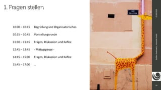 19
Ste
ff
en
Hankiewicz,
intranda
GmbH
25.09.2019
1. Fragen stellen
10:00 – 10:15
	
Begrüßung und Organisatorisches


10:15 – 10:45
	
Vorstellungsrunde


11:30 – 11:45
	
Fragen, Diskussion und Ka
ff
ee


12:45 – 13:45
	
- Mi
tt
agspause -


14:45 – 15:00
	
Fragen, Diskussion und Ka
ff
ee


15:45 – 17:00
	
…


 