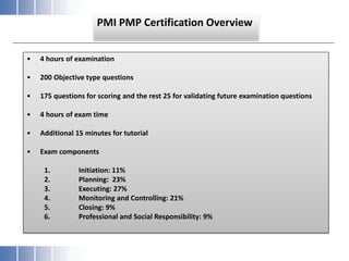 PMI PMP Certification Overview
• 4 hours of examination
• 200 Objective type questions
• 175 questions for scoring and the rest 25 for validating future examination questions
• 4 hours of exam time
• Additional 15 minutes for tutorial
• Exam components
1. Initiation: 11%
2. Planning: 23%
3. Executing: 27%
4. Monitoring and Controlling: 21%
5. Closing: 9%
6. Professional and Social Responsibility: 9%
 