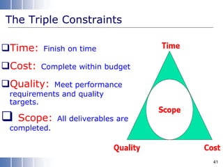 The Triple Constraints
Time: Finish on time
Cost: Complete within budget
Quality: Meet performance
requirements and quality
targets.
 Scope: All deliverables are
completed.
41
 