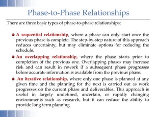 Phase-to-Phase Relationships
There are three basic types of phase-to-phase relationships:
A sequential relationship, where a phase can only start once the
previous phase is complete. The step-by-step nature of this approach
reduces uncertainty, but may eliminate options for reducing the
schedule.
An overlapping relationship, where the phase starts prior to
completion of the previous one. Overlapping phases may increase
risk and can result in rework if a subsequent phase progresses
before accurate information is available from the previous phase.
An iterative relationship, where only one phase is planned at any
given time and the planning for the next is carried out as work
progresses on the current phase and deliverables. This approach is
useful in largely undefined, uncertain, or rapidly changing
environments such as research, but it can reduce the ability to
provide long term planning.
 