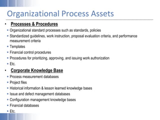 Organizational Process Assets
• Processes & Procedures
 Organizational standard processes such as standards, policies
 Standardized guidelines, work instruction, proposal evaluation criteria, and performance
measurement criteria
 Templates
 Financial control procedures
 Procedures for prioritizing, approving, and issuing work authorization
 Etc.
• Corporate Knowledge Base
 Process measurement databases
 Project files
 Historical information & lesson learned knowledge bases
 Issue and defect management databases
 Configuration management knowledge bases
 Financial databases
 Etc.
 