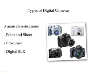 2006-06-01
Types of Digital Cameras
3 main classifications
- Point and Shoot
- Prosumer
- Digital SLR
 