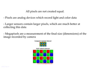 2006-06-01
All pixels are not created equal.
- Pixels are analog devices which record light and color data
- Larger sensors contain larger pixels, which are much better at
collecting this data
- Megapixels are a measurement of the final size (dimensions) of the
image recorded by camera
 