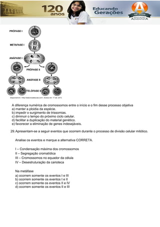 A diferença numérica de cromossomos entre o início e o fim desse processo objetiva
a) manter a ploidia da espécie.
b) impedir o surgimento de trissomias.
c) diminuir o tempo do próximo ciclo celular.
d) facilitar a duplicação do material genético.
e) favorecer a eliminação de genes indesejáveis.
29.Apresentam-se a seguir eventos que ocorrem durante o processo de divisão celular mitótico.
Analise os eventos e marque a alternativa CORRETA.
I – Condensação máxima dos cromossomos
II – Segregação cromatídica
III – Cromossomos no equador da célula
IV – Desestruturação da carioteca
Na metáfase
a) ocorrem somente os eventos I e III
b) ocorrem somente os eventos I e II
c) ocorrem somente os eventos II e IV
d) ocorrem somente os eventos II e III
 