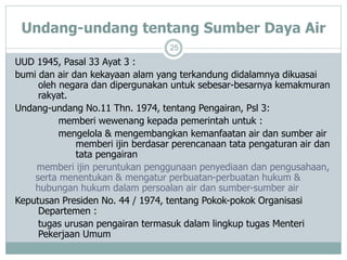 Undang-undang tentang Sumber Daya Air
25
UUD 1945, Pasal 33 Ayat 3 :
bumi dan air dan kekayaan alam yang terkandung didalamnya dikuasai
oleh negara dan dipergunakan untuk sebesar-besarnya kemakmuran
rakyat.
Undang-undang No.11 Thn. 1974, tentang Pengairan, Psl 3:
memberi wewenang kepada pemerintah untuk :
mengelola & mengembangkan kemanfaatan air dan sumber air
memberi ijin berdasar perencanaan tata pengaturan air dan
tata pengairan
memberi ijin peruntukan penggunaan penyediaan dan pengusahaan,
serta menentukan & mengatur perbuatan-perbuatan hukum &
hubungan hukum dalam persoalan air dan sumber-sumber air
Keputusan Presiden No. 44 / 1974, tentang Pokok-pokok Organisasi
Departemen :
tugas urusan pengairan termasuk dalam lingkup tugas Menteri
Pekerjaan Umum
 