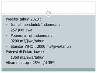 28
Prediksi tahun 2020 :
 Jumlah penduduk Indonesia :
257 juta jiwa
 Potensi air di Indonesia :
9200 m3/jiwa/tahun
 Standar WHO : 2000 m3/jiwa/tahun
Potensi di Pulau Jawa :
1360 m3/jiwa/tahun
Aliran mantap : 25% s/d 35%
 