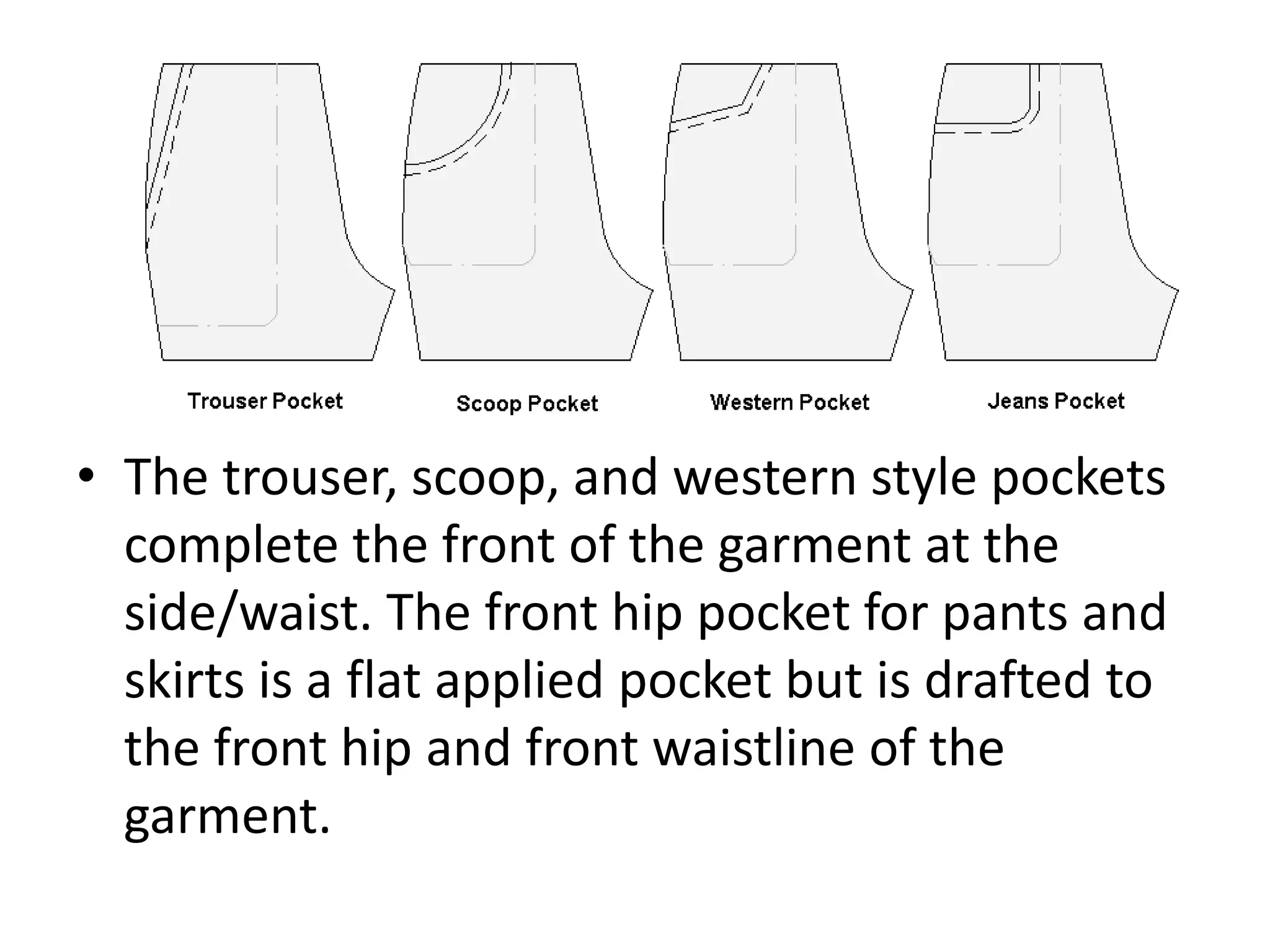 • The trouser, scoop, and western style pockets
complete the front of the garment at the
side/waist. The front hip pocket for pants and
skirts is a flat applied pocket but is drafted to
the front hip and front waistline of the
garment.
 