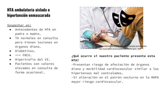 http://www.netdoctor.es/noticia/riesgos-hipertension-enmascarada
Sospechar en:
● Antecedentes de HTA en
padre o madre.
● TA normales en consulta
pero tienen lesiones en
órganos diana.
● Diabéticos.
● +++ FRCV.
● Hipertrofia del VI.
● Pacientes con valores
elevados en consulta de
forma ocasional.
HTA ambulatoria aislada o
hipertensión enmascarada
¿Qué ocurre si nuestro paciente presenta esta
HTA?
-Presentan riesgo de afectación de órganos
diana y morbilidad cardiovascular similar a los
hipertensos mal controlados.
-Si alteración en el patrón nocturno en la MAPA
mayor riesgo cardiovascular.
https://www.flaticon.es/icono-gratis/mascaras-de-teatro_1884
 