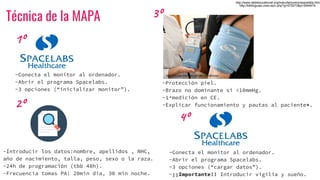 Técnica de la MAPA
1º
-Conecta el monitor al ordenador.
-Abrir el programa Spacelabs.
-3 opciones (“inicializar monitor”).
2º
-Introducir los datos:nombre, apellidos , NHC,
año de nacimiento, talla, peso, sexo o la raza.
-24h de programación (tbb 48h).
-Frecuencia tomas PA: 20min día, 30 min noche.
3º
http://eskulap-premium.pl/holter-cisnieniowy/
-Protección piel.
-Brazo no dominante si <10mmHg.
-1ªmedición en CE.
-Explicar funcionamiento y pautas al paciente*.
4º
-Conecta el monitor al ordenador.
-Abrir el programa Spacelabs.
-3 opciones (“cargar datos”).
-¡¡Importante!! Introducir vigilia y sueño.
http://www.dableducational.org/manufacturers/spacelabs.html
http://biblioguias.unex.es/c.php?g=572073&p=3944474
 
