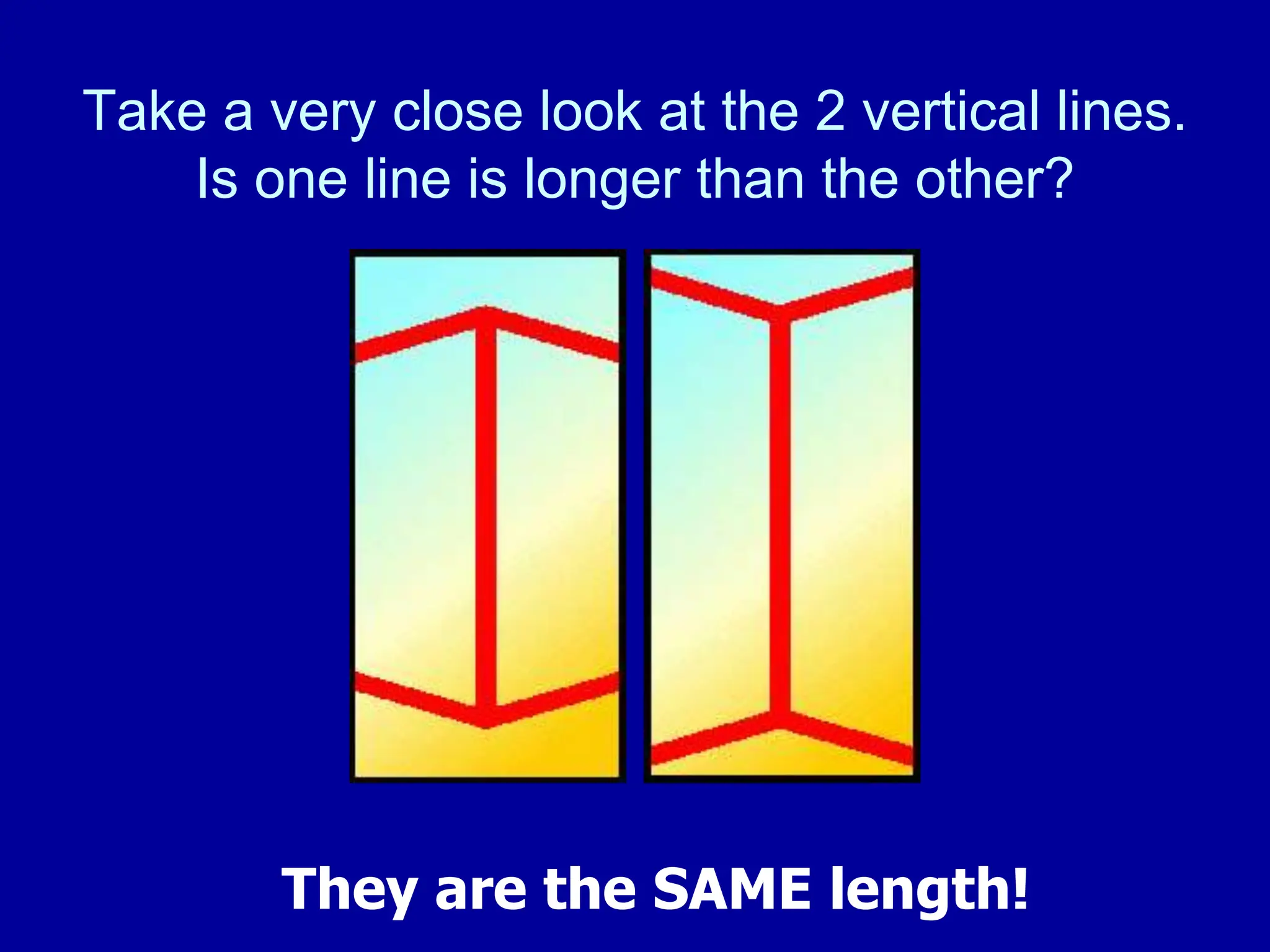 Take a very close look at the 2 vertical lines.
Is one line is longer than the other?
They are the SAME length!
 