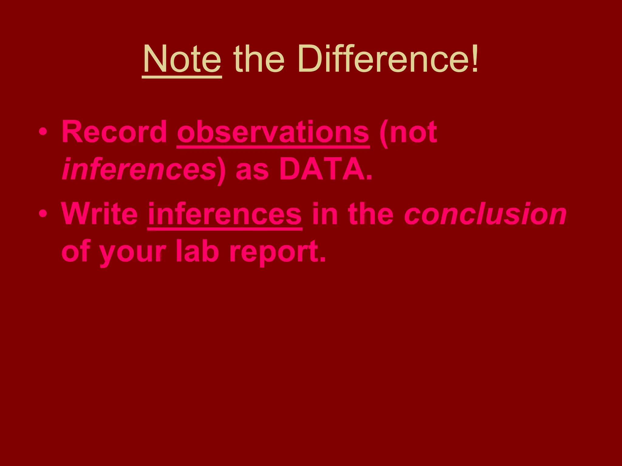 Note the Difference!
• Record observations (not
inferences) as DATA.
• Write inferences in the conclusion
of your lab report.
 