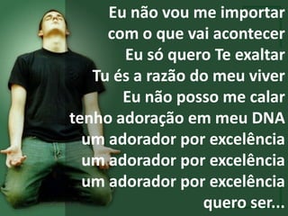 Eu não vou me importar
     com o que vai acontecer
       Eu só quero Te exaltar
   Tu és a razão do meu viver
       Eu não posso me calar
tenho adoração em meu DNA
  um adorador por excelência
  um adorador por excelência
  um adorador por excelência
                  quero ser...
 