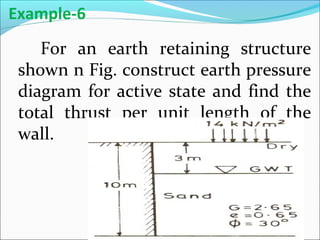 For an earth retaining structure
shown n Fig. construct earth pressure
diagram for active state and find the
total thrust per unit length of the
wall.
Example-6
 