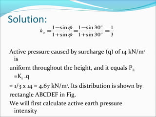 Solution:
Active pressure caused by surcharge (q) of 14 kN/m2
is
uniform throughout the height, and it equals PA1
=KA .q
= 1/3 x 14 = 4.67 kN/m2
. Its distribution is shown by
rectangle ABCDEF in Fig.
We will first calculate active earth pressure
intensity
3
1
30sin1
30sin1
sin1
sin1
=
+
−
=
+
−
= o
o
ak
φ
φ
 