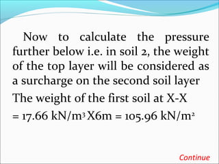 Now to calculate the pressure
further below i.e. in soil 2, the weight
of the top layer will be considered as
a surcharge on the second soil layer
The weight of the first soil at X-X
= 17.66 kN/m3
X6m = 105.96 kN/m2
Continue
 