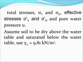 total stresses, σV and σH, effective
stresses σ′V and σ′H and p0re water
pressure u.
Assume soil to be dry above the water
table and saturated below the water
table, use γw = 9.81 kN/m3
.
 
