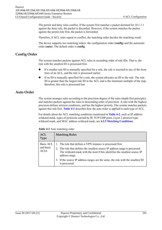 The permit and deny rules conflict. If the system first matches a packet destined for 10.1.1.1
against the deny rule, the packet is discarded. However, if the system matches the packet
against the permit rule first, the packet is forwarded.
Therefore, if ACL rules repeat or conflict, the matching order decides the matching result.
The device supports two matching orders: the configuration order (config) and the automatic
order (auto). The default order is config.
Config Order
The system matches packets against ACL rules in ascending order of rule IDs. That is, the
rule with the smallest ID is processed first.
l If a smaller rule ID is manually specified for a rule, the rule is inserted in one of the front
lines of an ACL, and the rule is processed earlier.
l If no ID is manually specified for a rule, the system allocates an ID to the rule. The rule
ID is greater than the largest rule ID in the ACL and is the minimum multiple of the step;
therefore, this rule is processed last.
Auto Order
The system arranges rules according to the precision degree of the rules (depth first principle),
and matches packets against the rules in descending order of precision. A rule with the highest
precision defines strictest conditions, and has the highest priority. The system matches packets
against this rule first. Table 4-2 describes how the auto order is applied to each type of ACL.
For details about the ACL matching conditions mentioned in Table 4-2, such as IP address
wildcard mask, types of protocols carried by IP, TCP/UDP ports, Layer 2 protocol type
wildcard mask, and MAC address wildcard mask, see 4.2.5 Matching Conditions.
Table 4-2 Auto matching order
ACL
Type
Matching Rules
Basic ACL
and basic
ACL6
1. The rule that defines a VPN instance is processed first.
2. The rule that defines the smallest source IP address range is processed.
The wildcard mask with the most 0 bits identifies the smallest source IP
address range.
3. If the source IP address ranges are the same, the rule with the smallest ID
is processed.
Huawei
AR100&AR120&AR150&AR160&AR200&AR1200&AR
2200&AR3200&AR3600 Series Enterprise Routers
CLI-based Configuration Guide - Security 4 ACL Configuration
Issue 04 (2017-06-22) Huawei Proprietary and Confidential
Copyright © Huawei Technologies Co., Ltd.
282
 