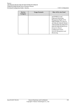 Service
Category
Usage Scenario How ACLs Are Used
and SNMPv2c) and
(Optional) Restricting
Management Rights of the
NMS (SNMPv3) in Huawei
AR100&AR120&AR150&AR
160&AR200&AR1200&AR22
00&AR3200&AR3600 Series
Enterprise Routers
Configuration Guide -
Network Management and
Monitoring.
Huawei
AR100&AR120&AR150&AR160&AR200&AR1200&AR
2200&AR3200&AR3600 Series Enterprise Routers
CLI-based Configuration Guide - Security 4 ACL Configuration
Issue 04 (2017-06-22) Huawei Proprietary and Confidential
Copyright © Huawei Technologies Co., Ltd.
395
 