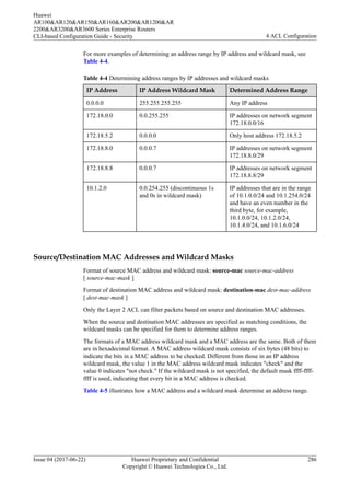 For more examples of determining an address range by IP address and wildcard mask, see
Table 4-4.
Table 4-4 Determining address ranges by IP addresses and wildcard masks
IP Address IP Address Wildcard Mask Determined Address Range
0.0.0.0 255.255.255.255 Any IP address
172.18.0.0 0.0.255.255 IP addresses on network segment
172.18.0.0/16
172.18.5.2 0.0.0.0 Only host address 172.18.5.2
172.18.8.0 0.0.0.7 IP addresses on network segment
172.18.8.0/29
172.18.8.8 0.0.0.7 IP addresses on network segment
172.18.8.8/29
10.1.2.0 0.0.254.255 (discontinuous 1s
and 0s in wildcard mask)
IP addresses that are in the range
of 10.1.0.0/24 and 10.1.254.0/24
and have an even number in the
third byte, for example,
10.1.0.0/24, 10.1.2.0/24,
10.1.4.0/24, and 10.1.6.0/24
Source/Destination MAC Addresses and Wildcard Masks
Format of source MAC address and wildcard mask: source-mac source-mac-address
[ source-mac-mask ]
Format of destination MAC address and wildcard mask: destination-mac dest-mac-address
[ dest-mac-mask ]
Only the Layer 2 ACL can filter packets based on source and destination MAC addresses.
When the source and destination MAC addresses are specified as matching conditions, the
wildcard masks can be specified for them to determine address ranges.
The formats of a MAC address wildcard mask and a MAC address are the same. Both of them
are in hexadecimal format. A MAC address wildcard mask consists of six bytes (48 bits) to
indicate the bits in a MAC address to be checked. Different from those in an IP address
wildcard mask, the value 1 in the MAC address wildcard mask indicates "check" and the
value 0 indicates "not check." If the wildcard mask is not specified, the default mask ffff-ffff-
ffff is used, indicating that every bit in a MAC address is checked.
Table 4-5 illustrates how a MAC address and a wildcard mask determine an address range.
Huawei
AR100&AR120&AR150&AR160&AR200&AR1200&AR
2200&AR3200&AR3600 Series Enterprise Routers
CLI-based Configuration Guide - Security 4 ACL Configuration
Issue 04 (2017-06-22) Huawei Proprietary and Confidential
Copyright © Huawei Technologies Co., Ltd.
286
 