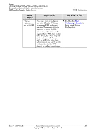 Service
Category
Usage Scenario How ACLs Are Used
Filtering
packets to be
sent to the CPU
If too many protocol packets are
sent to the CPU, the CPU usage
increases and CPU performance
degrades. The device restricts the
packets to be sent to the CPU.
For example, when a user sends a
large number of ARP attack packets
to the device, the CPU is busy and
service is interrupted. You can
apply an ACL to the local attack
defense service, and add the user to
the blacklist so that the CPU
discards the packets from this user.
l Blacklist: See 7.3.2
Configuring a Blacklist in
Local Attack Defense
Configuration.
Huawei
AR100&AR120&AR150&AR160&AR200&AR1200&AR
2200&AR3200&AR3600 Series Enterprise Routers
CLI-based Configuration Guide - Security 4 ACL Configuration
Issue 04 (2017-06-22) Huawei Proprietary and Confidential
Copyright © Huawei Technologies Co., Ltd.
318
 
