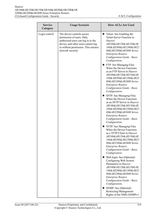 Service
Category
Usage Scenario How ACLs Are Used
Login control The device controls access
permission of users. Only
authorized users can log in to the
device, and other users cannot log
in without permission. This ensures
network security.
l Telnet: See Enabling the
Telnet Server Function in
Huawei
AR100&AR120&AR150&AR
160&AR200&AR1200&AR22
00&AR3200&AR3600 Series
Enterprise Routers
Configuration Guide - Basic
Configuration.
l FTP: See Managing Files
When the Device Functions
as an FTP Server in Huawei
AR100&AR120&AR150&AR
160&AR200&AR1200&AR22
00&AR3200&AR3600 Series
Enterprise Routers
Configuration Guide - Basic
Configuration.
l SFTP: See Managing Files
When the Device Functions
as an SFTP Server in Huawei
AR100&AR120&AR150&AR
160&AR200&AR1200&AR22
00&AR3200&AR3600 Series
Enterprise Routers
Configuration Guide - Basic
Configuration.
l TFTP: See Managing Files
When the Device Functions
as a TFTP Client in Huawei
AR100&AR120&AR150&AR
160&AR200&AR1200&AR22
00&AR3200&AR3600 Series
Enterprise Routers
Configuration Guide - Basic
Configuration.
l Web login: See (Optional)
Configuring Web System
Parameters in Huawei
AR100&AR120&AR150&AR
160&AR200&AR1200&AR22
00&AR3200&AR3600 Series
Enterprise Routers
Configuration Guide - Basic
Configuration.
l SNMP: See (Optional)
Restricting Management
Rights of the NMS (SNMPv1
Huawei
AR100&AR120&AR150&AR160&AR200&AR1200&AR
2200&AR3200&AR3600 Series Enterprise Routers
CLI-based Configuration Guide - Security 4 ACL Configuration
Issue 04 (2017-06-22) Huawei Proprietary and Confidential
Copyright © Huawei Technologies Co., Ltd.
319
 