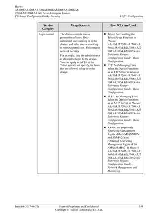Service
Category
Usage Scenario How ACLs Are Used
Login control The device controls access
permission of users. Only
authorized users can log in to the
device, and other users cannot log
in without permission. This ensures
network security.
For example, only the administrator
is allowed to log in to the device.
You can apply an ACL6 to the
Telnet service and specify the hosts
that are allowed to log in to the
device.
l Telnet: See Enabling the
Telnet Server Function in
Huawei
AR100&AR120&AR150&AR
160&AR200&AR1200&AR22
00&AR3200&AR3600 Series
Enterprise Routers
Configuration Guide - Basic
Configuration.
l FTP: See Managing Files
When the Device Functions
as an FTP Server in Huawei
AR100&AR120&AR150&AR
160&AR200&AR1200&AR22
00&AR3200&AR3600 Series
Enterprise Routers
Configuration Guide - Basic
Configuration.
l SFTP: See Managing Files
When the Device Functions
as an SFTP Server in Huawei
AR100&AR120&AR150&AR
160&AR200&AR1200&AR22
00&AR3200&AR3600 Series
Enterprise Routers
Configuration Guide - Basic
Configuration.
l SNMP: See (Optional)
Restricting Management
Rights of the NMS (SNMPv1
and SNMPv2c) and
(Optional) Restricting
Management Rights of the
NMS (SNMPv3) in Huawei
AR100&AR120&AR150&AR
160&AR200&AR1200&AR22
00&AR3200&AR3600 Series
Enterprise Routers
Configuration Guide -
Network Management and
Monitoring.
Huawei
AR100&AR120&AR150&AR160&AR200&AR1200&AR
2200&AR3200&AR3600 Series Enterprise Routers
CLI-based Configuration Guide - Security 4 ACL Configuration
Issue 04 (2017-06-22) Huawei Proprietary and Confidential
Copyright © Huawei Technologies Co., Ltd.
343
 
