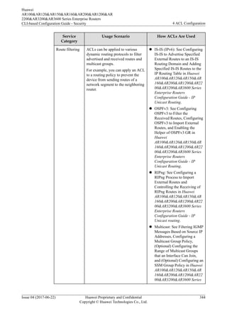 Service
Category
Usage Scenario How ACLs Are Used
Route filtering ACLs can be applied to various
dynamic routing protocols to filter
advertised and received routes and
multicast groups.
For example, you can apply an ACL
to a routing policy to prevent the
device from sending routes of a
network segment to the neighboring
router.
l IS-IS (IPv6): See Configuring
IS-IS to Advertise Specified
External Routes to an IS-IS
Routing Domain and Adding
Specified IS-IS Routes to the
IP Routing Table in Huawei
AR100&AR120&AR150&AR
160&AR200&AR1200&AR22
00&AR3200&AR3600 Series
Enterprise Routers
Configuration Guide - IP
Unicast Routing.
l OSPFv3: See Configuring
OSPFv3 to Filter the
Received Routes, Configuring
OSPFv3 to Import External
Routes, and Enabling the
Helper of OSPFv3 GR in
Huawei
AR100&AR120&AR150&AR
160&AR200&AR1200&AR22
00&AR3200&AR3600 Series
Enterprise Routers
Configuration Guide - IP
Unicast Routing.
l RIPng: See Configuring a
RIPng Process to Import
External Routes and
Controlling the Receiving of
RIPng Routes in Huawei
AR100&AR120&AR150&AR
160&AR200&AR1200&AR22
00&AR3200&AR3600 Series
Enterprise Routers
Configuration Guide - IP
Unicast routing.
l Multicast: See Filtering IGMP
Messages Based on Source IP
Addresses, Configuring a
Multicast Group Policy,
(Optional) Configuring the
Range of Multicast Groups
that an Interface Can Join,
and (Optional) Configuring an
SSM Group Policy in Huawei
AR100&AR120&AR150&AR
160&AR200&AR1200&AR22
00&AR3200&AR3600 Series
Huawei
AR100&AR120&AR150&AR160&AR200&AR1200&AR
2200&AR3200&AR3600 Series Enterprise Routers
CLI-based Configuration Guide - Security 4 ACL Configuration
Issue 04 (2017-06-22) Huawei Proprietary and Confidential
Copyright © Huawei Technologies Co., Ltd.
344
 