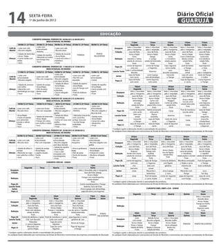 14                        sexta-feira
                          1º de junho de 2012
                                                                                                                                                                                                                       Diário Oficial
                                                                                                                                                                                                                        GUARUJÁ

                                                                                                                      educação
                              CARDÁPIO SEMANAL PERÍODO DE 04/06/2012 A 08/06/2012                                                  	
                                           REDE ESTADUAL DE ENSINO                                                                                          11/jun               12/jun                    13/jun                 14/jun                15/jun
            04/06/12 (2ª Feira) 05/06/12 (3ª Feira) 06/06/12 (4ª Feira) 07/06/12 (5ª Feira)                08/06/12 (6ª Feira)                             Segunda                Terça                    Quarta                Quinta                  Sexta
                               • Leite com                                                                                                            leite c/ chocolate  leite c/ chocolate         leite c/ chocolate    leite c/ chocolate    leite c/ chocolate
 Café da • Leite com café                           • Leite com café                                                                     Desjejum
                               achocolatado                                                                                                           pão c/ margarina     pão c/ requeijão          pão c/ margarina      pão c/ margarina       pão c/ requeijão
 Manhã • Biscoito salgado                           • Biscoito doce
                               • Bolinho                                                                                                  Colação       suco de fruta        suco de fruta              suco de fruta         suco de fruta         suco de fruta
         • Salada de beterraba                      • Salada de escarola                                        PONTO                                   Arroz e feijão       Arroz e feijão             Arroz e feijão        Arroz e feijão        Arroz e feijão
                               • Salada de repolho                           FERIADO
         • Arroz / feijão                           • Arroz/feijão                                            FACULTATIVO                                    Ovos                frango                     carne          Coxa e Sobrecoxa           Carne tiras
                               • Macarrão ao molho
 Almoço • Carne moída com                           • Carne em cubos c/                                                                  Refeição     mexidos c/ seleta         c/ acelga               c/ mandioca          Batata corada          com abóbora
                               com frango tiras
         seleta                                     mandioca                                                                                         salada de cenoura salada de beterraba             salada pepino           salada folha          salada folha
                               • Suco
         • Suco                                     • Fruta                                                                                                  fruta                fruta                     fruta                   fruta                fruta
                                                                                                                                                     creme de legumes      creme de frango             Sopa legumes          purê de batata        sopa legumes
                              CARDÁPIO SEMANAL PERÍODO DE 11/06/2012 A 15/06/2012                                                        Papa (A)
                                                                                                                                                           com ovo            c/ legumes                carne moída             c/ frango               c/ tiras
                                           REDE ESTADUAL DE ENSINO
                                                                                                                                                    Leite c/ achocolatado                                    suco                 leite c/                chá
         11/06/12 (2ª Feira) 12/32/12 (3ª Feira) 13/06/12 (4ª Feira)              14/06/12 (5ª Feira) 15/06/12 (6ª Feira)              Lanche Tarde                             Vitamina
                                                                                                                                                            Biscoito                                biscoito rosquinha             cereal        pão c/ margarina
                                                 • Leite com                                                                                            Sopa de feijão       arroz à grega                macarrão           sopa de carne        risoto de frango
         • Leite com                                                             • Leite com café         • Leite com                      Jantar
 Café da                     • Leite com café    achocolatado                                                                                             com carne       com almondegas                  c/ frango          com legumes               c/ milho
         achocolatado                                                            • Pão HD com             achocolatado
 Manhã                       • Pão com margarina • Biscoito salgado                                                                                     Sopa de feijão      creme legumes                                  sopa de legumes        creme legumes
         • Biscoito salgado                                                      requeijão                • Cereal                        Papa (J)                                                         canja
                                                 com doce de leite                                                                                        com carne            com carne                                         c/ carne              c/ frango
                                                 • Salada de alface              • Salada de pepino
        • Salada de cenoura • Salada de acelga                                                            • Salada de repolho
                                                 • Arroz/feijão                  • Arroz/feijão                                                                 18/jun               19/jun                 20/jun               21/jun                  22/jun
        com milho            • Arroz/feijão                                                               • Arroz/feijão
                                                 • Carne seca                    • Isca de frango com                                                          Segunda                Terça                 Quarta               Quinta                   Sexta
 Almoço • Macarrão com       • Filet de peixe                                                             • Carne assada com
                                                 acebolada                       seleta
        almôndegas ao sugo • Batata sautê                                                                 vagem                                           leite c/ chocolate   leite c/ chocolate     leite c/ chocolate   leite c/ chocolate     leite c/ chocolate
                                                 • Couve refogada                • Purê de abóbora                                        Desjejum
        • Suco               • Suco                                                                       • Fruta                                         pão c/ margarina     pão c/ margarina        pão c/ requeijão    pão c/ margarina        pão c/ requeijão
                                                 • Fruta                         • Fruta
                                                                                                                                           Colação          suco de fruta         suco de fruta         suco de fruta        suco de fruta           suco de fruta
                              CARDÁPIO SEMANAL PERÍODO DE 18/06/2012 A 22/06/2012                                                                           Arroz e feijão        Arroz e feijão        Arroz e feijão                              Arroz e feijão
                                                                                                                                                                                                                              Arroz e feijão
                                          REDE ESTADUAL DE ENSINO                                                                                             almondega            Carne com               Nuggets                                       frango
                                                                                                                                                                                                                              isca de carne
                                                                                                                                           Refeição             ao sugo            batata doce         Creme de milho                               com legumes
            18/06/12 (2ª Feira)     19/06/12 (3ª Feira)    20/3/12 (4ª Feira)      21/06/12 (5ª Feira)      22/06/12 (6ª Feira)                                                                                             salada beterraba
                                                                                                                                                           salada de folha     salada folha mista        salada folha                                 salada folha
                                                         • Leite com                                       • Leite com                                                                                                             fruta
                                                                                                                                                                  fruta               fruta                  Doce                                         Doce
 Café da • Leite com café          • Leite com frutas    achocolatado             • Leite com frutas       achocolatado
                                                                                                                                                         Creme de legumes       Batata amassada                            Purê de mandioca         sopa de feijão
 Manhã • Biscoito doce             • Pão com requeijão • Biscoito salgado c/      • Bolinho                • Biscoito salgado c/           Papa (A)                                                         Canja
                                                                                                                                                              com carne            com carne                                 isca de carne               frango
                                                         geléia                                            doce de leite
                                                                                                                                                               leite com             Pipoca                                                               suco
        • Arroz/feijão                                   • Salada de alface       • Yakissoba (macarrão                                  Lanche Tarde                                                     vitamina              Canjica
                                   • Salada de beterraba                                                   • Salada mista                                        cereal             Groselha                                                           rosquinha
        • Cação ensopado                                 • Arroz/feijão           com couve flor,
                                   • Arroz /feijão                                                         • Arroz/feijão                                      macarrão          sopa de feijão        risoto de carne                                 macarrão
        com pimentão                                     • Carne em iscas com     acelga, cenoura)                                          Jantar                                                                               Canja
 Almoço                            • Frango em cubos                                                       • Carne em cubos                                    c/ frango              carne               c/ legumes                                 à bolonhesa
        tomate e cebola                                  molho                    • Isca de frango
                                   com molho e seleta                                                      • Abobrinha                                   sopa de macarrão        sopa de feijão       sopa de legumes                               sopa de carne
        • Pirão                                          • Banana chips           acebolada                                                Papa (J)                                                                              Canja
                                   • Suco                                                                  • Fruta                                             c/ frango              carne                   carne                                    e legumes
        • Suco                                           • Fruta                  • Fruta
                                                                                                                                   * Cardápio sujeito a alterações devido à sazonalidade dos produtos.
                              CARDÁPIO SEMANAL PERÍODO DE 25/06/2012 A 29/06/2012                                                  Os cardápios foram elaborados por nutricionistas da Divisão de Merenda e nutricionistas das empresas contratatadas do Município
                                           REDE ESTADUAL DE ENSINO
           25/06/12 (2ª Feira)      26/06/12(3ª Feira)     27/06/12 (4ª Feira)   28/06/12 (5ª Feira)    29/06/12 (6ª Feira)                                 25/jun                 26/jun               27/jun                28/jun               29/jun
                                  • Leite com             • Leite com            • Leite com café    • Leite com                                          Segunda                   Terça               Quarta                Quinta                Sexta
 Café da • Leite com café         achocolatado            achocolatado           • Pão com           achocolatado
 Manhã • Biscoito doce            • Pão com requeijão     • Biscoito salgado     margarina           • Biscoito salgado com                          leite c/ chocolate     leite c/ chocolate    leite c/ chocolate    leite c/ chocolate   leite c/ chocolate
                                                                                                                                         Desjejum
                                                          com doce de leite                          geléia                                          pão c/ margarina        pão c/ requeijão     pão c/ margarina       pão c/ requeijão    pão c/ margarina
                                                          • Salada de repolho                                                             Colação      suco de fruta           suco de fruta        suco de fruta         suco de fruta         suco de fruta
        • Salada de alface e      • Salada de acelga                             • Arroz á jardineira/   • Salada de pepino                            Arroz e feijão          Arroz e feijão                             Arroz e feijão        Arroz e feijão
                                                          • Arroz/feijão                                                                                                                              Arroz e feijão
        tomate                    • Arroz/feijão                                 feijão                  • Arroz/feijão                                    linguiça             frango com                               carne de panela       Isca de frango
                                                          • Coxa e sobr.                                                                                                                             Isca de fígado
 Almoço • Macarrão ao sugo        • Lagarto assado                               • Filet de peixe        • Frango em cubos               Refeição    farofa com couve              açafrão                                 c/ mandioca           c/ repolho
                                                          ensopada com                                                                                                                                salada folha
        com salsicha e milho      • Farofa                                       • Farofa de banana      • Abobora refogada                         salada de cenoura           salada folha                         salada pepino e tomate salada de beterraba
                                                          mandioquinha                                                                                                                                    fruta
        • Suco                    • Suco                                         • Fruta                 • Fruta                                             fruta                   fruta                                      fruta                fruta
                                                          • Fruta
                                                                                                                                         Papa (A)   creme de legumes         Sopa de frango       Creme de abóbora Mandioca amassada         Purê de legumes
                                                CARDÁPIO CRECHE - JUNHO                                                                                   com ovo               c/ legumes             com fígado        c/ feijão e carne        c/ frango
                                                                                                          1/jun                        Lanche Tarde           chá                 leite com              gelatina          vitamina de        bolo confeitado
                    Segunda             Terça             Quarta          Quinta                          Sexta                                           barrinha                  cereal                                      fruta
   Desjejum                                                                               leite c/ chocolate; pão c/ margarina             Jantar            canja              Macarrão à            arroz à grega       Macarrão com               suco
   Colação                                                                                         Suco de fruta: laranja                                                        bolonhesa               c/ ovos               frango              hot dog
                                                                                                      Arroz e feijão
                                                                                                                                         Papa (J)           canja             Purê de batata      creme de legumes      papa de legumes        sopa de carne
                                                                                               Frango com mandioquinha
   Refeição                                                                                                                                                                  c/ carne moída              c/ ovos            com frango           c/ legumes
                                                                                                      salada pepino
                                                                                                           fruta                   * Cardápio sujeito a alterações devido à sazonalidade dos produtos.
   Papa (A)                                                                                 Creme mandioquinha c/ frango           Os cardápios foram elaborados por nutricionistas da Divisão de Merenda e nutricionistas das empresas contratatadas do Município	
 Lanche Tarde                                                                                     bolinho; Suco de fruta
    Jantar                                                                                   Arroz à grega com almondega                                                       CARDÁPIO EMEI, EMEF e EJA - JUNHO
   Papa (J)                                                                                   papa de carne com legumes                                                                                                                                1/jun
                                                                                                                                                             Segunda                 Terça                 Quarta              Quinta                  Sexta
                               4/jun                        5/jun                      6/jun            7/jun        8/jun                                                                                                                      leite c/ chocolate
                             Segunda                        Terça                     Quarta            Quinta       Sexta                Desjejum
                                                                                                                                                                                                                                                   biscoito doce
                        leite c/ chocolate          leite c/ chocolate          leite c/ chocolate                                                                                                                                                 Arroz e feijão
    Desjejum
                        pão c/ margarina            pão c/ margarina               pão c/ geléia                                                                                                                                                Frango ao molho
    Colação               Suco de fruta                Suco de fruta               Suco de fruta                                           Refeição                                                                                                  requeijão
                          Arroz e feijão               Arroz e feijão              Arroz e feijão                                                                                                                                                 legumes saute
                       Peixe com abóbora           Frango c/ mandioca       isca de carne c/ repolho                                                                                                                                                   Fruta
    Refeição
                         salada de folha                salada folha            salada beterraba                                                               4/jun                 5/jun                   6/jun             7/jun                   8/jun
                               fruta                        fruta                      fruta                        PONTO
                                                                                                       FERIADO                                               Segunda                 Terça                 Quarta              Quinta                  Sexta
                                                                                                                 FACULTATIVO
    Papa (A)      Creme de abóbora c/ peixe Purê de mandioca c/ carne sopa legumes c/ carne
                                                                                                                                                               Leite             Bebida láctea        Leite c/ chocolate
  Lanche Tarde          Chá com biscoito             Leite com cereal            gelatina de uva                                          Desjejum
                                                                                                                                                            com cereal         Biscoito salgado        Biscoito waffer
                            Yakissoba                 Sopa de carne
      Jantar                                                                     Risoto de frango                                                          Arroz e feijão        Arroz e feijão         Arroz e feijão        FERIADO       PONTO FACULTATIVO
                       c/ carne e legumes                 legumes
                                                                                                                                                          Peixe c/ batata           Frango             carne refogada
                          Macarrão com                Sopa de carne             Papa de legumes                                            Refeição
     Papa (J)                                                                                                                                             Salada de folha      Batata e cenoura           farofa rica
                          carne e feijão                  legumes                    e frango                                                                  Fruta            Salada de folha              Fruta
		                                                                                                                                 		
* Cardápio sujeito a alterações devido à sazonalidade dos produtos.                                                                * Cardápio sujeito a alterações devido à sazonalidade dos produtos.
Os cardápios foram elaborados por nutricionistas da Divisão de Merenda e nutricionistas das empresas contratatadas do Município    Os cardápios foram elaborados por nutricionistas da Divisão de Merenda e nutricionistas das empresas contratatadas do Município	
 
