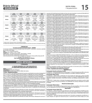 Diário Oficial
 GUARUJÁ
                                                                                                                                                                                sexta-feira
                                                                                                                                                                                1º de junho de 2012
                                                                                                                                                                                                                     15
                            11/jun                12/jun               13/jun               14/jun               15/jun            nanceiros do Fundo Nacional de Saúde, em favor de nosso município no valor de R$ 462.087,00. À
                          Segunda                  Terça              Quarta                Quinta                Sexta            SECRETARIA PARA CONHECIMENTO DOS SENHORES VEREADORES.
     Desjejum
                      Leite c/ chocolate    Leite c/ chocolate   Leite c/ chocolate   Leite c/ chocolate      Bebida Láctea        Telegrama nº 004238/MS/SE/FNS, do Ministério da Saúde, informando a liberação de recursos fi-
                      Biscoito rosquinha         Barrinha             bolinho          Biscoito waffer        Biscoito doce        nanceiros do Fundo Nacional de Saúde, em favor de nosso município no valor de R$ 130.924,65. À
                                                                                                              Arroz e feijão
                        Macarrão com          Arroz e feijão       Arroz e feijão       Arroz e feijão
                                                                                                             Carne moída c/
                                                                                                                                   SECRETARIA PARA CONHECIMENTO DOS SENHORES VEREADORES.
     Refeição
                            Salsicha         Isca de frango          Carne com             Frango
                                                                                                                 chuchu            Telegrama nº 004786/MS/SE/FNS, do Ministério da Saúde, informando a liberação de recursos fi-
                        salada de folha     Salada beterraba      Virado de couve        com milho
                             Suco                 Fruta                Fruta           Salada de folha
                                                                                                             Salada de folha       nanceiros do Fundo Nacional de Saúde, em favor de nosso município no valor de R$ 6.672,57. À
                                                                                                                  Fruta            SECRETARIA PARA CONHECIMENTO DOS SENHORES VEREADORES.
                            18/jun               19/jun                20/jun               21/jun               22/jun            Telegrama nº 005839/MS/SE/FNS, do Ministério da Saúde, informando a liberação de recursos fi-
                          Segunda                 Terça               Quarta                Quinta                Sexta            nanceiros do Fundo Nacional de Saúde, em favor de nosso município no valor de R$ 8.800,00. À
                      Leite c/ chocolate        Leite com          Bebida láctea      Leite c/ chocolate      Bebida láctea
     Desjejum
                        Biscoito Doce             Cereal          Biscoito Salgado     Pão c/ requeijão    Biscoito Rosquinha
                                                                                                                                   SECRETARIA PARA CONHECIMENTO DOS SENHORES VEREADORES.
                        Arroz e feijão        Arroz e feijão                                                  Arroz e feijão       Telegrama nº 005872/MS/SE/FNS, do Ministério da Saúde, informando a liberação de recursos fi-
                                                                     Macarrão           Arroz e feijão                             nanceiros do Fundo Nacional de Saúde, em favor de nosso município no valor de R$ 9.900,00. À
                       Almôndega ao              Frango                                                           Carne
                                                                   à bolonhesa         Frango ao curry
     Refeição                sugo             com abóbora
                                                                  salada de folha         c/ cenoura
                                                                                                             com mandioca          SECRETARIA PARA CONHECIMENTO DOS SENHORES VEREADORES.
                       Purê de Batata        Salada de folha                                                 Salada de folha       Telegrama nº 000932/MS/SE/FNS, do Ministério da Saúde, informando a liberação de recursos fi-
                                                                       Doce                  Fruta
                             Suco                 Fruta                                                           Doce
                                                                                                                                   nanceiros do Fundo Nacional de Saúde, em favor de nosso município no valor de R$ 86.229,00. À
	                                                                                                                                  SECRETARIA PARA CONHECIMENTO DOS SENHORES VEREADORES.
                            25/jun               26/jun               27/jun               28/jun             29/jun               Telegrama nº 003366/MS/SE/FNS, do Ministério da Saúde, informando a liberação de recursos fi-
                           Segunda               Terça                Quarta               Quinta              Sexta               nanceiros do Fundo Nacional de Saúde, em favor de nosso município no valor de R$ 322.862,43. À
                            leite c/         Bebida Láctea        leite c/chocolate
                                                                                           leite c/           leite c/             SECRETARIA PARA CONHECIMENTO DOS SENHORES VEREADORES.
     Desjejum                                                                           achocolatado       achocolatado            Telegrama nº 002989/MS/SE/FNS, do Ministério da Saúde, informando a liberação de recursos fi-
                            Cereal         Biscoito rosquinha      Biscoito waffer
                                                                                      Pão com requeijão    Biscoito doce
                                              Arroz e feijão       Arroz e feijão                          Arroz e feijão
                                                                                                                                   nanceiros do Fundo Nacional de Saúde, em favor de nosso município no valor de R$ 9.900,00. À
                        Arroz e feijão
                                               Carne com         Frango refogado
                                                                                      Macarrão com isca
                                                                                                        Frango com milho           SECRETARIA PARA CONHECIMENTO DOS SENHORES VEREADORES.
     Refeição         ovos com legumes                                                 Salada de folha
                            Suco
                                                repolho           com abobrinha
                                                                                            Fruta
                                                                                                            Batata sautê           Telegrama nº 000167/MS/SE/FNS, do Ministério da Saúde, informando a liberação de recursos fi-
                                                  Fruta                Fruta                              Salada de folha          nanceiros do Fundo Nacional de Saúde, em favor de nosso município no valor de R$ 57.040,00. À
* Cardápio sujeito a alterações devido à sazonalidade dos produtos.                                                                SECRETARIA PARA CONHECIMENTO DOS SENHORES VEREADORES.
Os cardápios foram elaborados por nutricionistas da Divisão de Merenda e nutricionistas das empresas contratatadas do Município	   Ofício n° 0545/2012/GIDUR/ST, da Caixa Econômica Federal, notificando o crédito de recursos fi-
                                                                                                                                   nanceiros do Orçamento Geral da União, no valor de R$ 21.950,00. À SECRETARIA PARA CONHECI-
                                                                                                                                   MENTO DOS SENHORES VEREADORES.
                                         COMUNICADO                                                                                Comunicado n° CM029604/2012, do Ministério da Educação, informando a liberação de recursos
                       Inscrição para Bolsa de Estudo Integral – UNAERP                                                            financeiros. À SECRETARIA PARA CONHECIMENTO DOS SENHORES VEREADORES.
A Comissão de Bolsa de Estudo instituída através do Decreto nº 8.040/2007, comunica o período                                      Comunicado n° CM023331/2012, do Ministério da Educação, informando a liberação de recursos
de inscrição, como segue:                                                                                                          financeiros. À SECRETARIA PARA CONHECIMENTO DOS SENHORES VEREADORES.
Dias: 11, 12 e 13 de junho de 2012                                                                                                 Comunicado n° CM031051/2012, do Ministério da Educação, informando a liberação de recursos
Horário: 9 às 12 horas e 14 às 17 horas                                                                                            financeiros no valor de R$ 270.000,00 À SECRETARIA PARA CONHECIMENTO DOS SENHORES VERE-
Local: SEDUC – Av. Santos Dumont, 640 – Santo Antônio – Guarujá                                                                    ADORES.
Para a devida inscrição o interessado deverá apresentar:                                                                           Ofício Circular Externo/MDS/SNAS/DEFNAS/CGEOF/Nº 11/2012, do Ministério do Desenvolvimen-
Xerox do protocolo do vestibular/2012 (realizado em 26/05/2012), Xerox do RG e Xerox do CPF.                                       to Social e Combate à Fome, comunicando a transferência de recursos ao Fundo Municipal de
                                   Guarujá, 29 de maio de 2012.                                                                    Assistência Social. À SECRETARIA PARA CONHECIMENTO DOS SENHORES VEREADORES.
                          Profª Arinda Piacentini de Oliveira e Oliveira                                                           Comunicado n° CM052566/2012, do Ministério da Educação, informando a liberação de recursos
                                     Presidente da Comissão                                                                        financeiros. À SECRETARIA PARA CONHECIMENTO DOS SENHORES VEREADORES.
			                                                                                                                                Comunicado n° CM052567/2012, do Ministério da Educação, informando a liberação de recursos
                                       Atos oficiais                                                                               financeiros. À SECRETARIA PARA CONHECIMENTO DOS SENHORES VEREADORES.
                                                                                                                                   Denúncia do munícipe LUIZ ALVES CAMELO, em face da PREFEITURA MUNICIPAL DE GUARUJÁ por
                                                     câmara                                                                        suposto desperdício de verba pública com publicidade. À COMISSÃO DE FISCALIZAÇÃO E CON-
                                                                                                                                   TROLE.
                     12ª SESSÃO ORDINÁRIA, DO 4º ANO LEGISLATIVO, DA                                                               Súmula do Expediente recebido no período de 25 de abril a 22 de maio de 2012. À SECRETARIA
                    15ª LEGISLATURA, REALIZADA EM 22 DE MAIO DE 2012                                                               PARA CONHECIMENTO DOS SENHORES VEREADORES.
INÍCIO: 15:10 horas.                                                                                                               2ª Parte – Expediente dos Senhores Vereadores:
PRESIDÊNCIA: José Carlos Rodriguez.                                                                                                                                          PROJETOS DE LEI
SECRETARIAS: Cândido Garcia Alonso e Walter dos Santos.                                                                            Do Vereador Ronald Luiz Nicolaci Fincatti
1ª Parte – Expediente da Mesa:                                                                                                     Nº 0058/2012 - Acrescenta dispositivo à Lei Municipal nº 3193 de 05 de janeiro de 2005, e dá outras
Ofício nº 315/2012, da Prefeitura Municipal de Guarujá, encaminhando veto total ao Autógrafo de                                    providências. ÀS COMISSÕES DE JUSTIÇA E REDAÇÃO e de OBRAS E SERVIÇOS PÚBLICOS.
Lei nº 015/2012, do Vereador Edilson Dias de Andrade. À COMISSÃO DE JUSTIÇA E REDAÇÃO.                                             Do Vereador Válter Suman
Ofício nº 329/2012, da Prefeitura Municipal de Guarujá, encaminhando veto total ao Autógrafo de                                    Nº 0056/2012 - Dispõe sobre a publicação da Lista de Espera de vagas para os alunos da Rede
Lei nº 015/2012, do Vereador Edilson Dias de Andrade. À COMISSÃO DE JUSTIÇA E REDAÇÃO.                                             Municipal de Ensino e de Creches municipais na cidade de Guarujá. ÀS COMISSÕES DE JUSTIÇA E
Ofício n° 331/2012, da Prefeitura Municipal de Guarujá, encaminhando Projeto de Lei n° 055/2012,                                   REDAÇÃO, TURISMO, EDUCAÇÃO E ASSISTÊNCIA SOCIAL e de CRIANÇA, ADOLESCENTE E JUVEN-
que “Revoga a Lei Municipal nº 3.926, de 02 de abril de 2012, e dá outras providências”. ÀS COMIS-                                 TUDE.
SÕES DE JUSTIÇA E REDAÇÃO e de FINANÇAS E ORÇAMENTO.                                                                               Nº 0057/2012 - Dispõe sobre a instituição do programa respire bem, nas creches e escolas a rede
Ofício nº 339/2012, da Prefeitura Municipal de Guarujá, encaminhando Projeto de Lei, que “Institui                                 pública municipal, e dá outras providências. ÀS COMISSÕES DE JUSTIÇA E REDAÇÃO e de SAÚDE
o Programa Municipal de Gerenciamento de Resíduos Sólidos da Construção Civil e dá outras pro-                                     E HIGIENE.
vidências”. NÃO RECEBIDO, NOS TERMOS DO ATIGO 125, VII DO REGIMENTO INTERNO.                                                                                            PROJETO DE RESOLUÇÃO
Denúncia do munícipe FIRMINO FAUSTINO DE ARAÚJO, em face da SOCIEDADE SANTAMARENSE                                                 Do Vereador Gilberto Benzi
DE BENEFICÊNCIA DO GUARUJÁ e do Senhor URBANO BAHAMONTE MANSO por suposto des-                                                     Nº 0012/2012 - Cria Comissão de Representação para o fim que específica e dá outras providên-
mantelamento da equipe de anestesia do Hospital Santo Amaro. À COMISSÃO DE FISCALIZAÇÃO                                            cias. ÀS COMISSÕES DE JUSTIÇA E REDAÇÃO e de FINANÇAS E ORÇAMENTO.
E CONTROLE.                                                                                                                                                                    INDICAÇÕES
Telegrama nº 001505/MS/SE/FNS, do Ministério da Saúde, informando a liberação de recursos fi-                                      Do Vereador Antonio Addis Filho
nanceiros do Fundo Nacional de Saúde, em favor de nosso município no valor de R$ 130.924,65. À                                     Nº 1865/2012 - Solicita do Executivo que determine à Secretaria competente, providências visan-
SECRETARIA PARA CONHECIMENTO DOS SENHORES VEREADORES.                                                                              do a colocação de guias, sarjetas e asfalto do trecho entre a Rua Atílio Gelsomini, entre a Mecânica
Telegrama nº 002444/MS/SE/FNS, do Ministério da Saúde, informando a liberação de recursos fi-                                      Graveto e o espaço de eventos Ateliê do Sabor, Jardim Helena Maria. À SECRETARIA PARA AS DE-
nanceiros do Fundo Nacional de Saúde, em favor de nosso município no valor de R$ 2.244.220,67.                                     VIDAS PROVIDÊNCIAS.
À SECRETARIA PARA CONHECIMENTO DOS SENHORES VEREADORES.                                                                            Nº 1866/2012 - Solicita do Executivo que determine à Secretaria competente, providências vi-
Telegrama nº 002927/MS/SE/FNS, do Ministério da Saúde, informando a liberação de recursos fi-                                      sando designar um agente de trânsito fixo para o cruzamento da Av. Mario Daige com a Rua
 