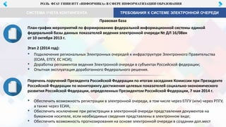 РОЛЬ ФГАУ ГНИИ ИТТ «ИНФОРМИКА» В СФЕРЕ ИНФОРМАТИЗАЦИИ ОБРАЗОВАНИЯ
ТРЕБОВАНИЯ К СИСТЕМЕ ЭЛЕКТРОННОЙ ОЧЕРЕДИCИСТЕМА УЧЕТА КОНТИНГЕНТА
Правовая база
План-график мероприятий по формированию федеральной информационной системы единой
федеральной базы данных показателей ведения электронной очереди № ДЛ 16/08вн
от 10 октября 2013 г.
Этап 2 (2014 год):
• Подключение региональных Электронных очередей к инфраструктуре Электронного Правительства
(ЕСИА, ЕПГУ, ЕС НСИ);
• Доработка регламентов ведения Электронной очереди в субъектах Российской федерации;
• Опытная эксплуатация доработанного Федерального решения.
Перечень поручений Президента Российской Федерации по итогам заседания Комиссии при Президенте
Российской Федерации по мониторингу достижения целевых показателей социально-экономического
развития Российской Федерации, определенных Президентом Российской Федерации, 7 мая 2014 г.
• Обеспечить возможность регистрации в электронной очереди, в том числе через ЕПГУ (или) через РПГУ,
а также через ЕСИА;
• Обеспечить исключение при регистрации в электронной очереди представления документов на
бумажном носителе, если необходимые сведения представлены в электронном виде;
• Обеспечить возможность прогнозирования на основе электронной очереди в создании доп.мест
 