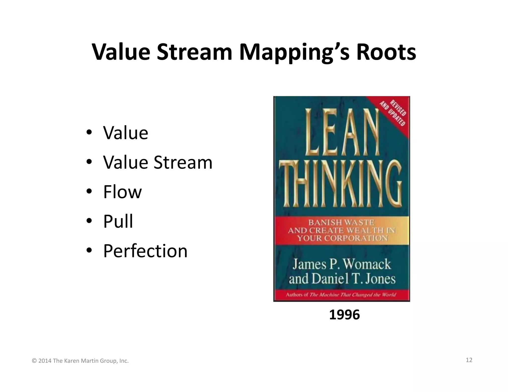 Value Stream Mapping’s Roots
•
•
•
•
•

Value
Value Stream
Flow
Pull
Perfection
1996

© 2014 The Karen Martin Group, Inc.

12

 